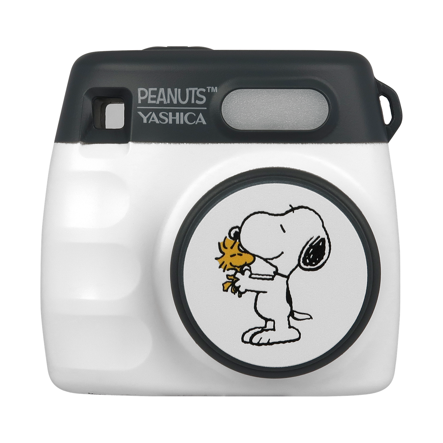 Un appareil photo Peanuts Yashica blanc et gris. Snoopy est sur l'objectif, tenant une fleur jaune. Le fond est noir.