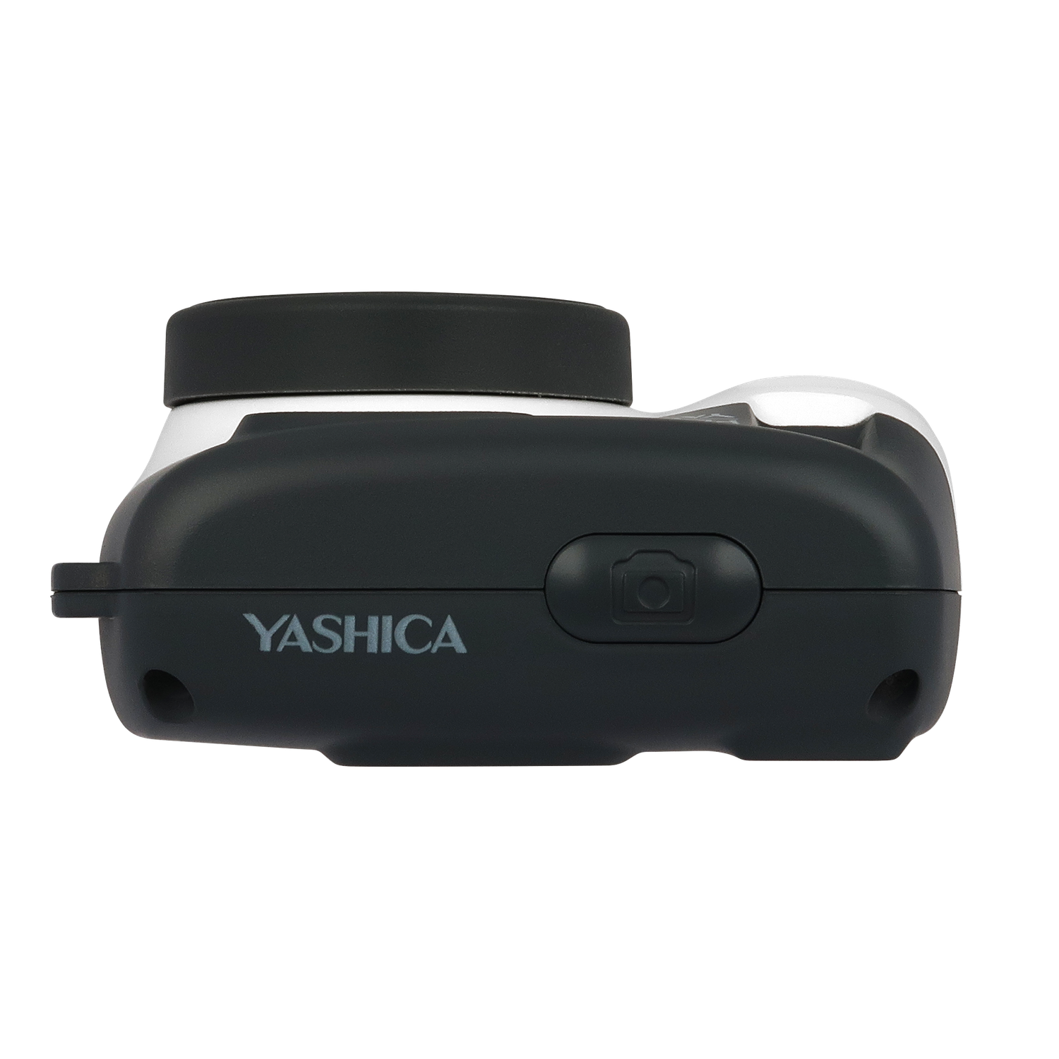 Un appareil photo Yashica gris foncé est montré de côté. Il a un objectif noir et un dessus blanc et noir. Le mot YASHICA est visible.