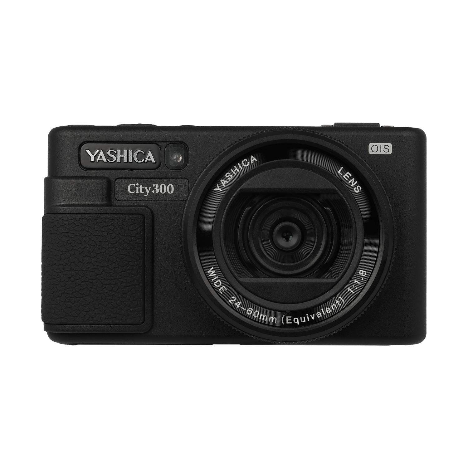 Un appareil photo numérique noir Yashica City 300 avec un objectif, le texte 'Yashica', 'City 300' et les spécifications de l'objectif sont visibles.