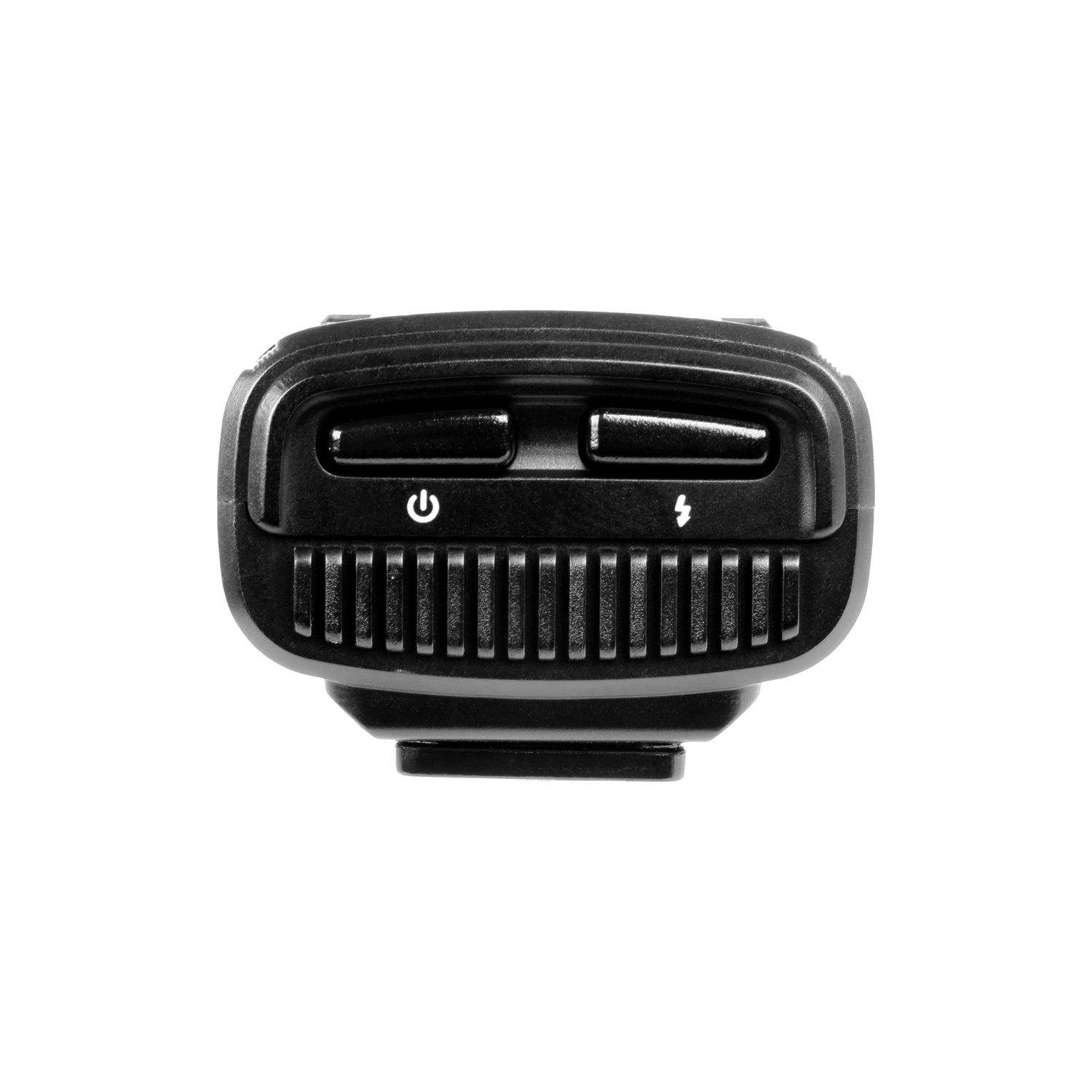 Un appareil noir avec des symboles d'alimentation et d'éclair, probablement un accessoire photo, sur fond blanc. Il a un design nervuré.