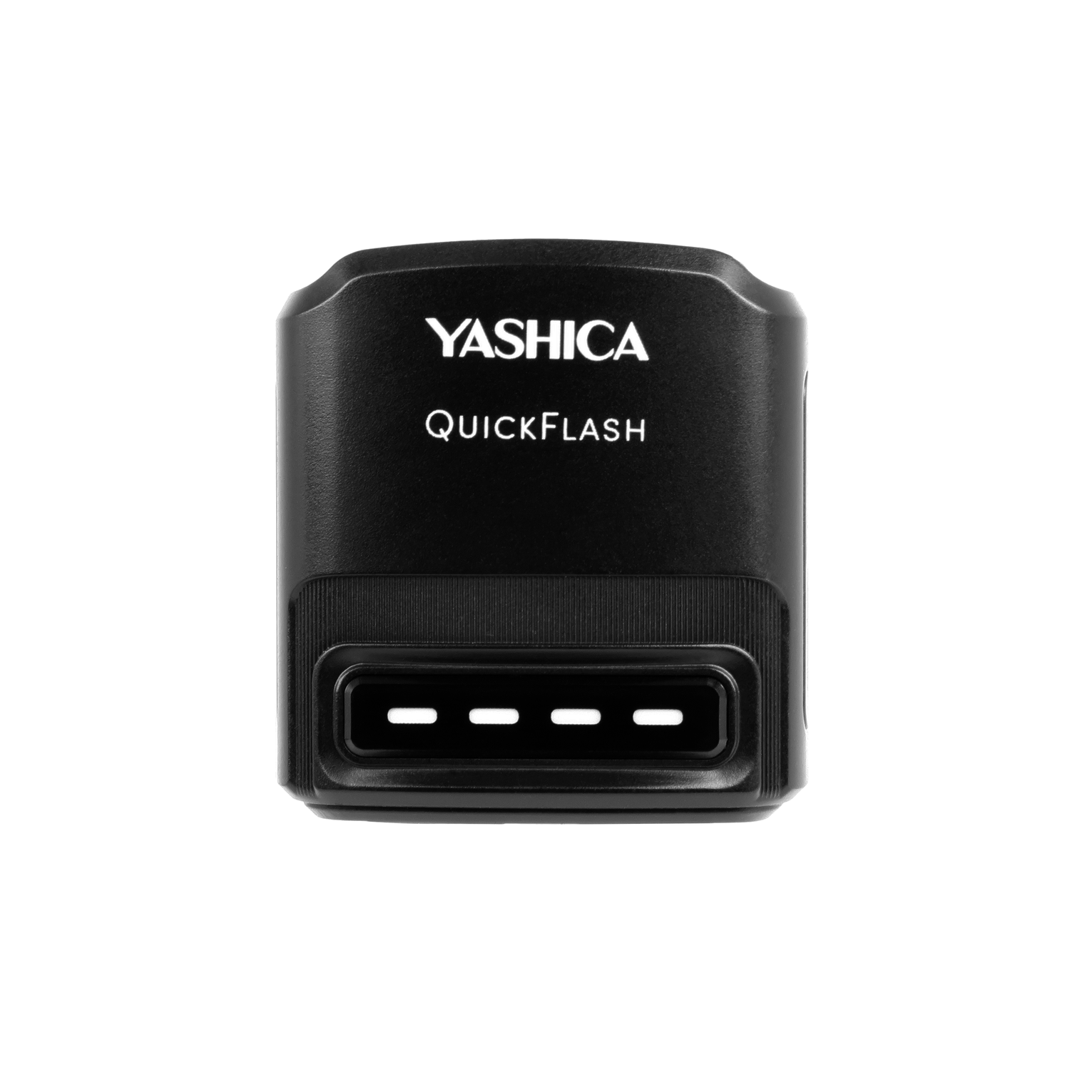Yashica Quickflash noir sur fond blanc. Il a une forme rectangulaire avec trois lignes blanches dans la partie inférieure.