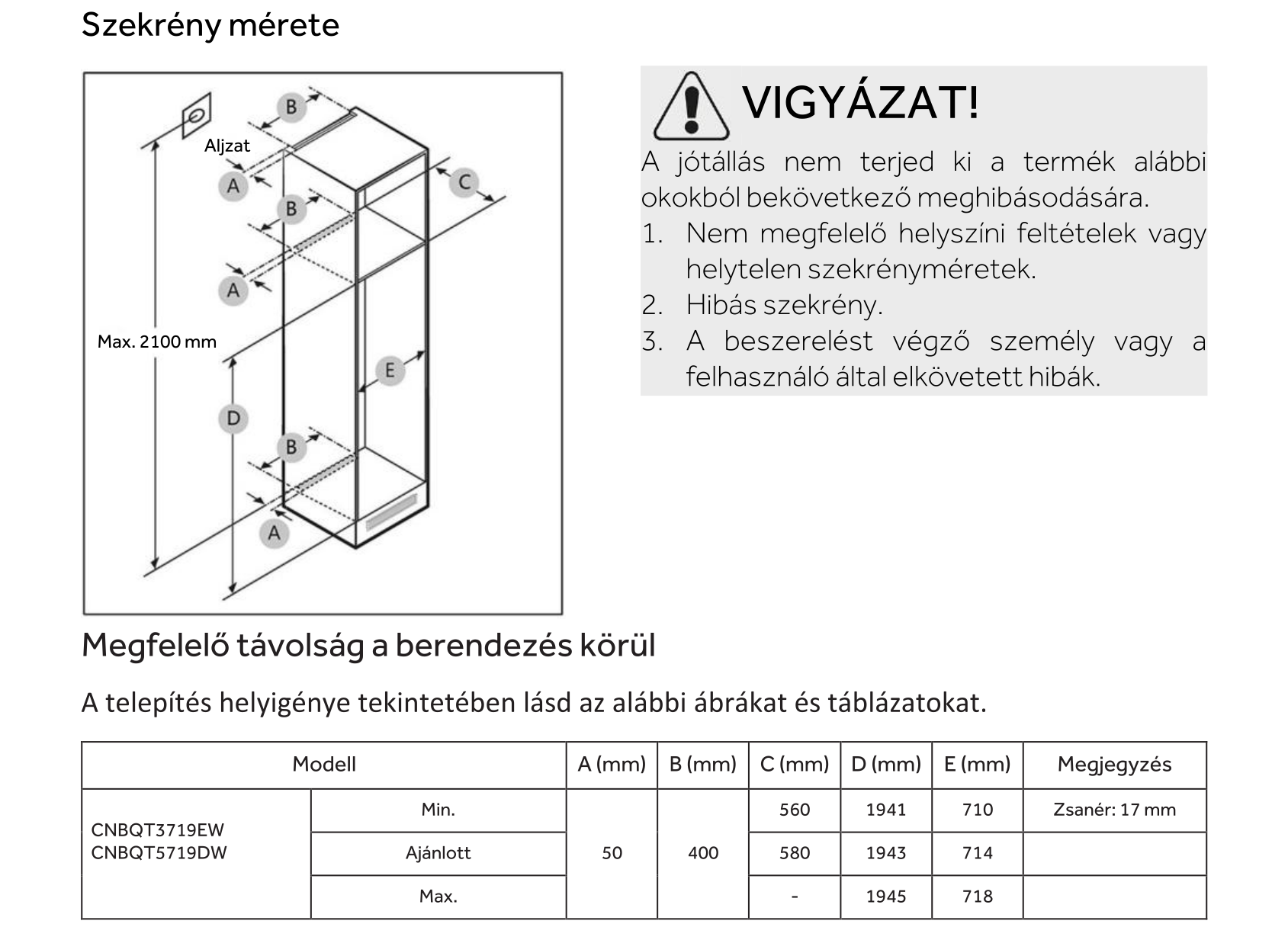 Szekrény diagramja méretekkel. Tartalmaz egy figyelmeztető szöveget a garanciacorlátozásokról és egy táblázatot a modell specifikációival.