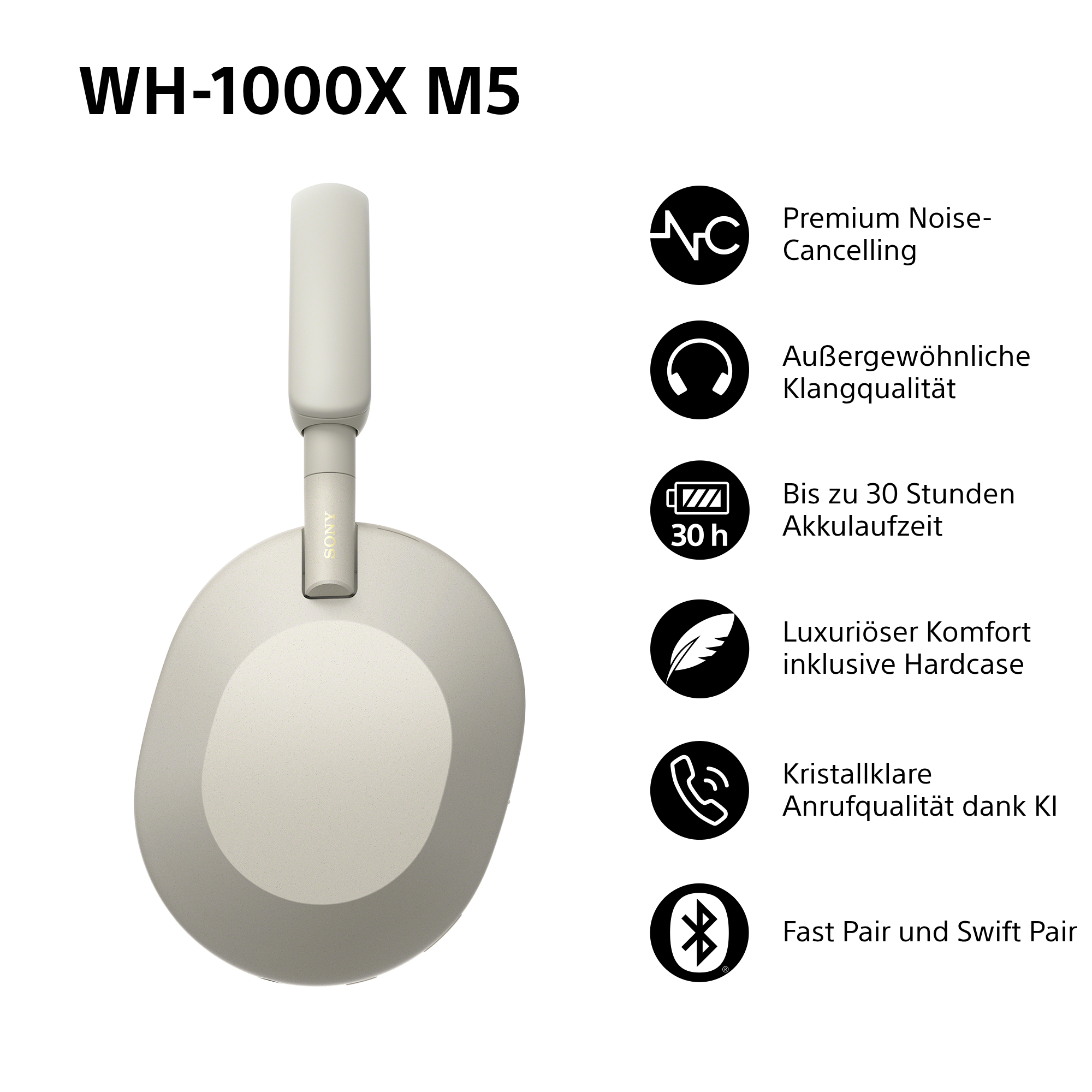 Beige Sony WH-1000XM5 Kopfhörer mit Funktionssymbolen: Geräuschunterdrückung, Klangqualität, Akku, Komfort, Anrufqualität, Bluetooth.