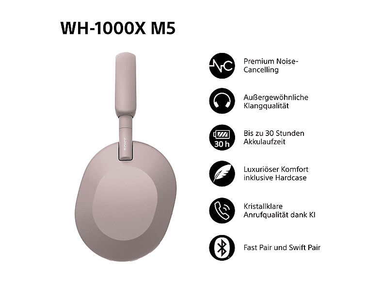 SONY WH-1000XM5, Noise Cancelling, Bluetooth, Hi-Res Audio, bis zu 30 Stunden Akkulaufzeit, inklusive Hardcase, iOS und Android, Over-ear Kopfhörer Smoky Pink