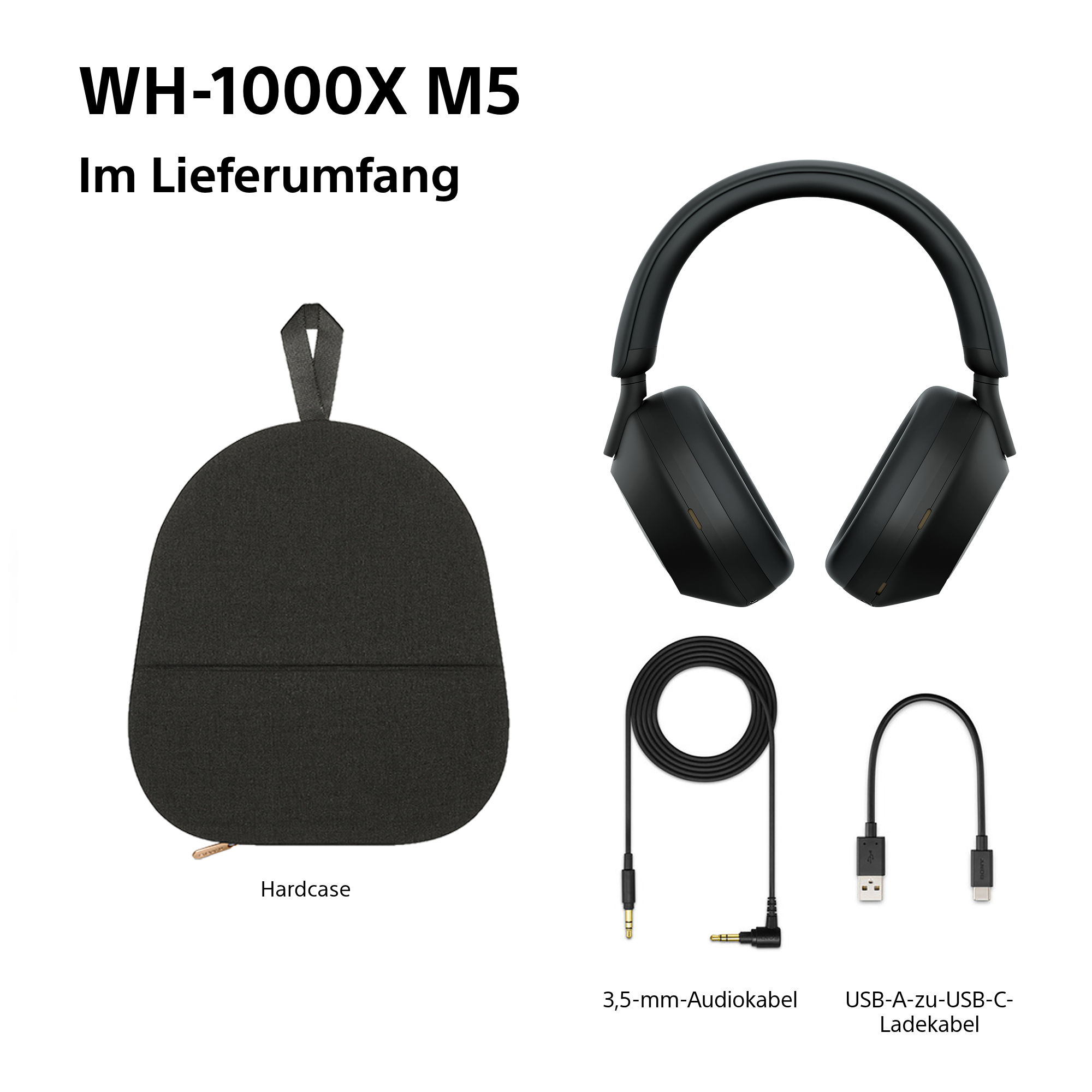 Das Bild zeigt einen schwarzen Hartschalenkoffer, Kopfhörer, Audiokabel und ein USB-A-zu-USB-C-Ladekabel. Text: WH-1000XM5.