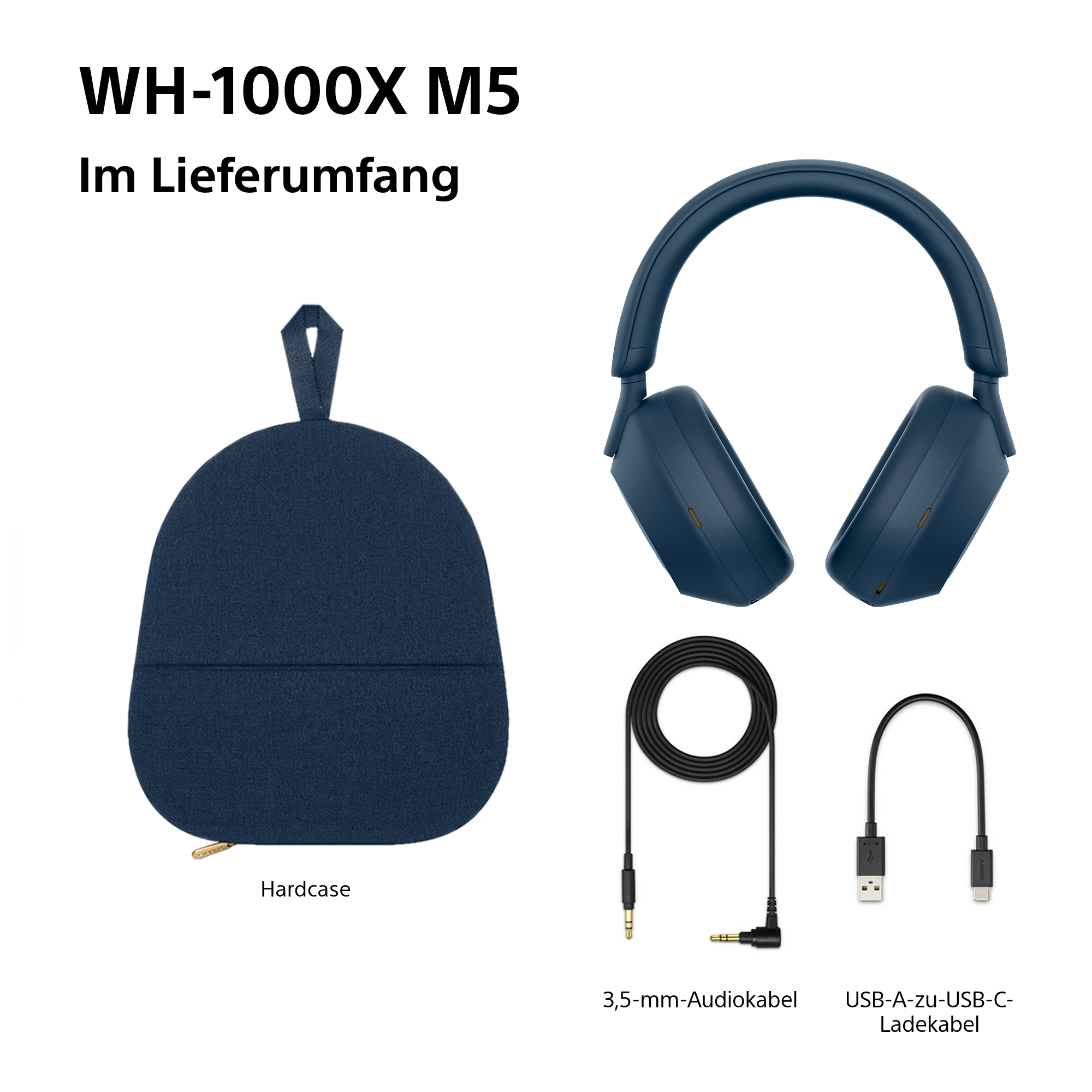Das Bild zeigt eine marineblaue Hartschale, Kopfhörer, ein 3,5-mm-Audiokabel und ein USB-A-zu-USB-C-Ladekabel.