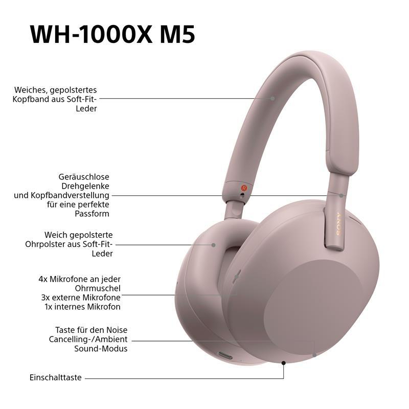 Ein Paar rosa Kopfhörer, Modell WH-1000XM5, mit Etiketten, die auf Funktionen wie weiche Ohrpolster und Noise-Cancelling-Modus hinweisen.