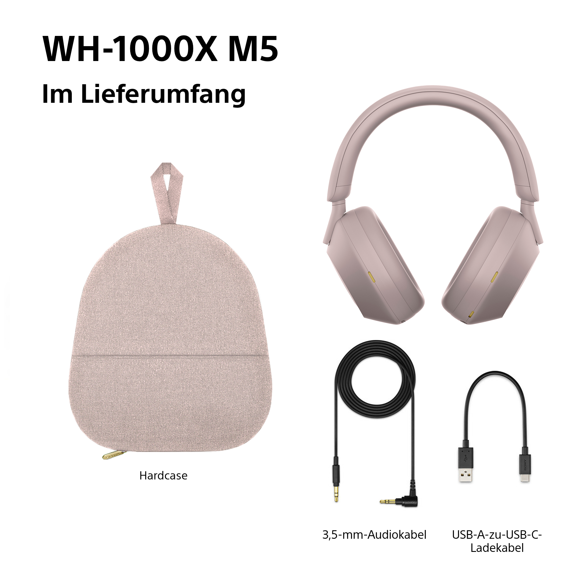 Das Bild zeigt ein Headset, eine Tragetasche, ein Audiokabel und ein Ladekabel. Alle Artikel sind hellrosa.