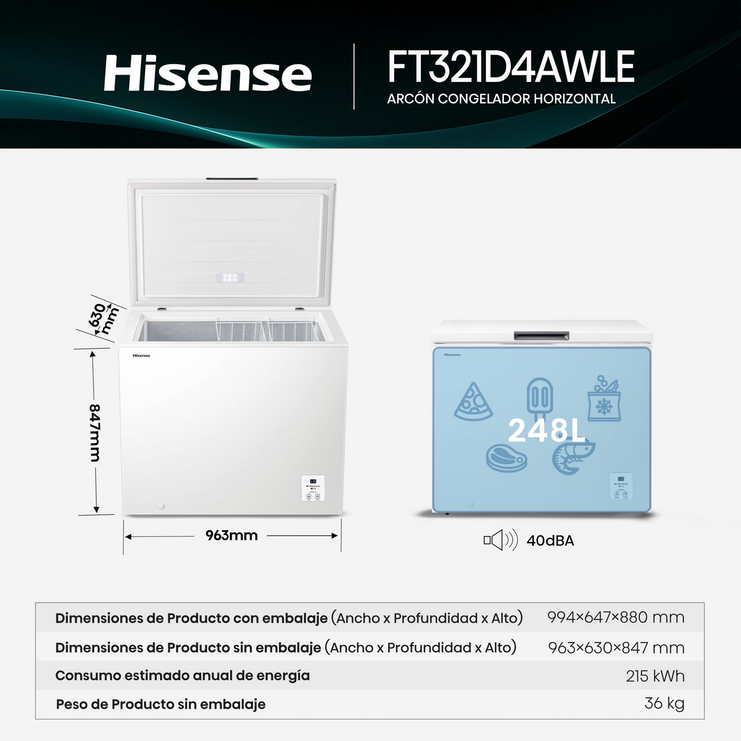 Congelador Hisense. Congelador blanco abierto con medidas, congelador azul claro cerrado con 248L. Información sobre dimensiones y consumo de energía.