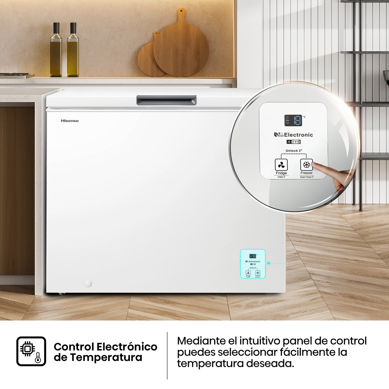 Un congelador blanco con panel de control que muestra la temperatura. Una mano toca el botón del congelador. El fondo incluye artículos de cocina.