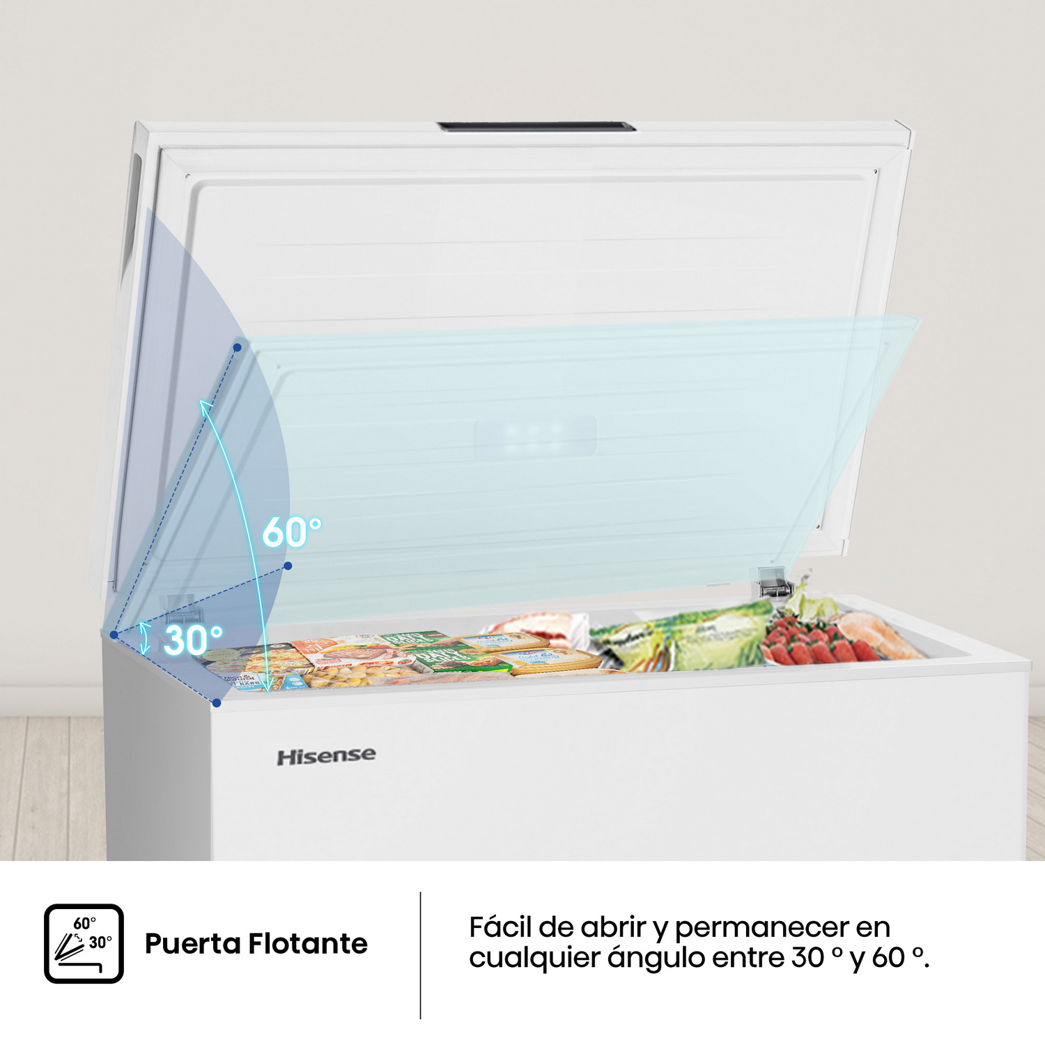Un congelador blanco Hisense está abierto, mostrando alimentos congelados. La tapa se abre a 60 grados. El texto dice que se abre entre 30 y 60 grados.