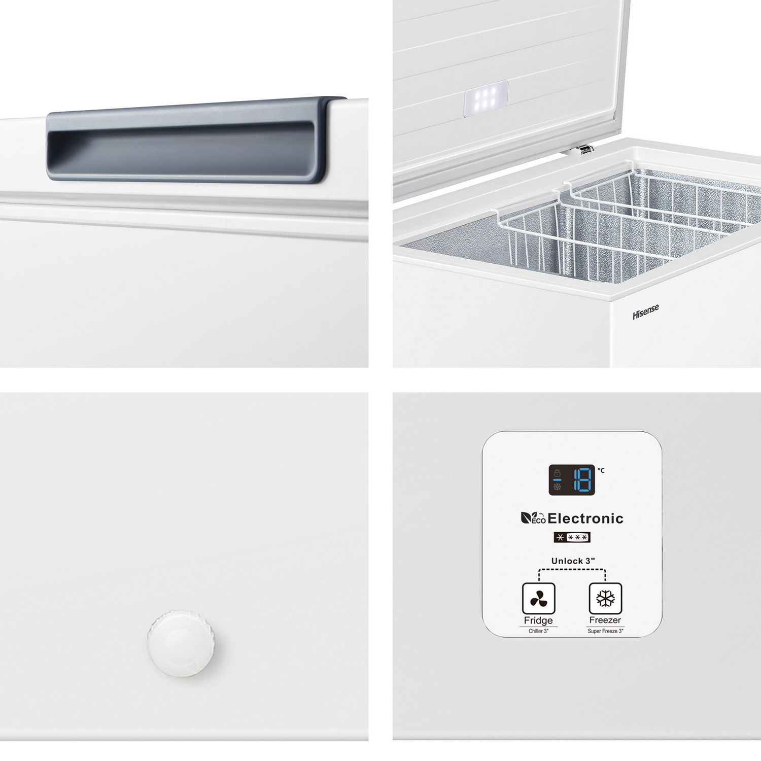Un congelador blanco con la tapa abierta, revelando el interior. Tiene una pantalla digital que muestra -18°C. La marca Hisense es visible.