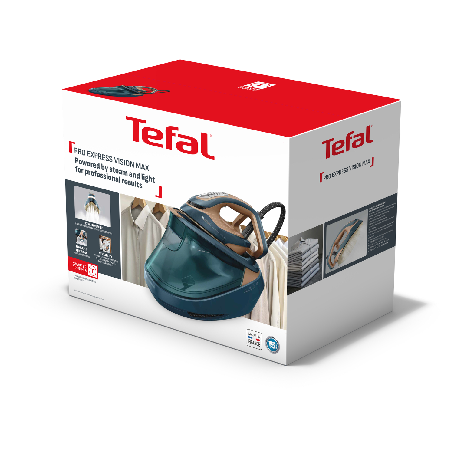 Een Tefal Pro Express Vision Max strijkijzer staat op de doos. De doos is wit en rood en toont het strijkijzer en zijn kenmerken.