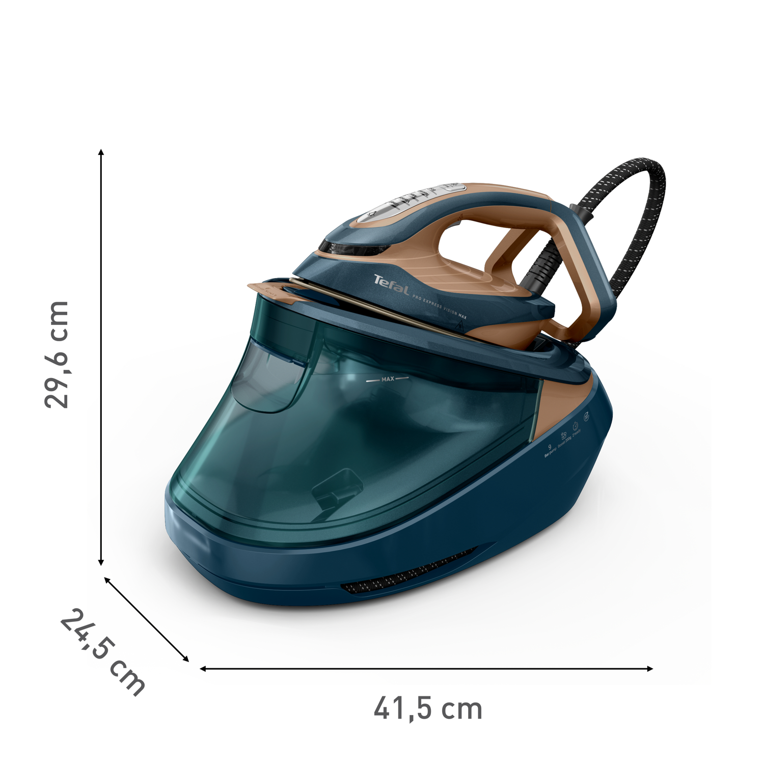 Een blauw en goud Tefal stoomstrijkijzer met afmetingen: 29,6 cm hoog, 24,5 cm breed en 41,5 cm lang, geïsoleerd op een witte achtergrond.
