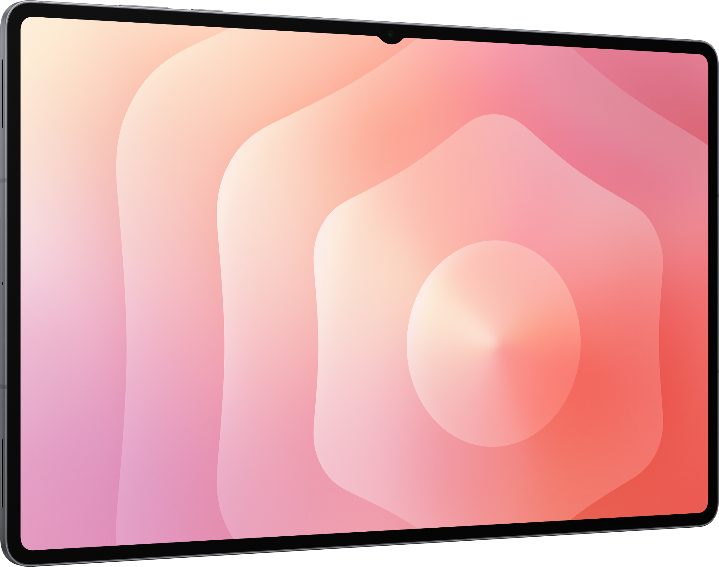 Une tablette avec un écran affichant un motif abstrait rose et orange. La tablette a une bordure noire.