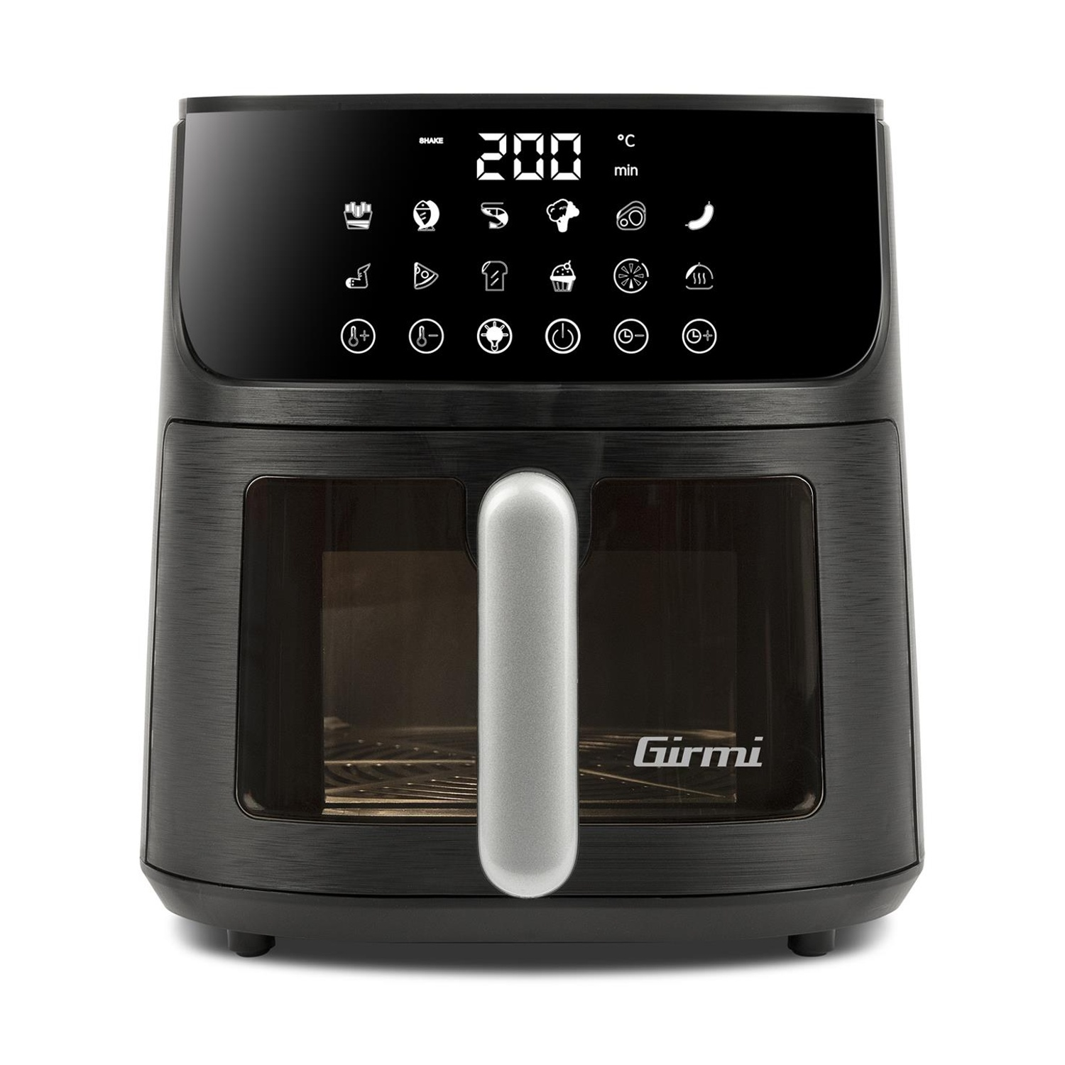 Friggitrice ad aria nera con display digitale che mostra 200 gradi. Ha una maniglia e una finestra trasparente. Il marchio è Girmi.