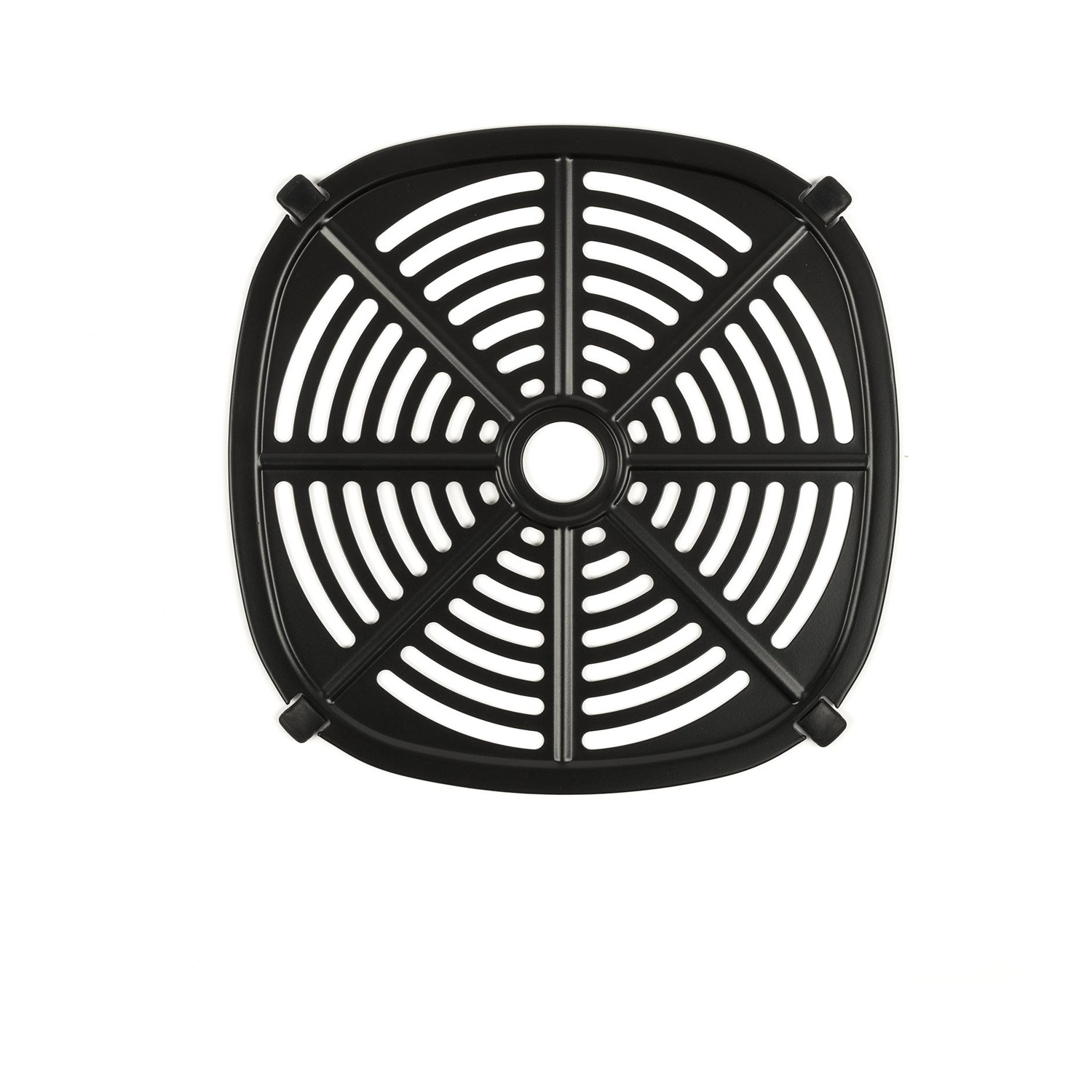 Un cestello nero per friggitrice ad aria su sfondo bianco. Ha una forma quadrata con angoli arrotondati e molte aperture a fessura.