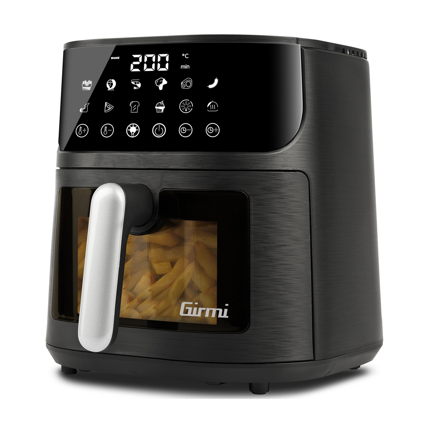 Friggitrice ad aria nera con display digitale che mostra 200 gradi. Contiene patatine fritte. Marchio Girmi visibile. Manico argento.