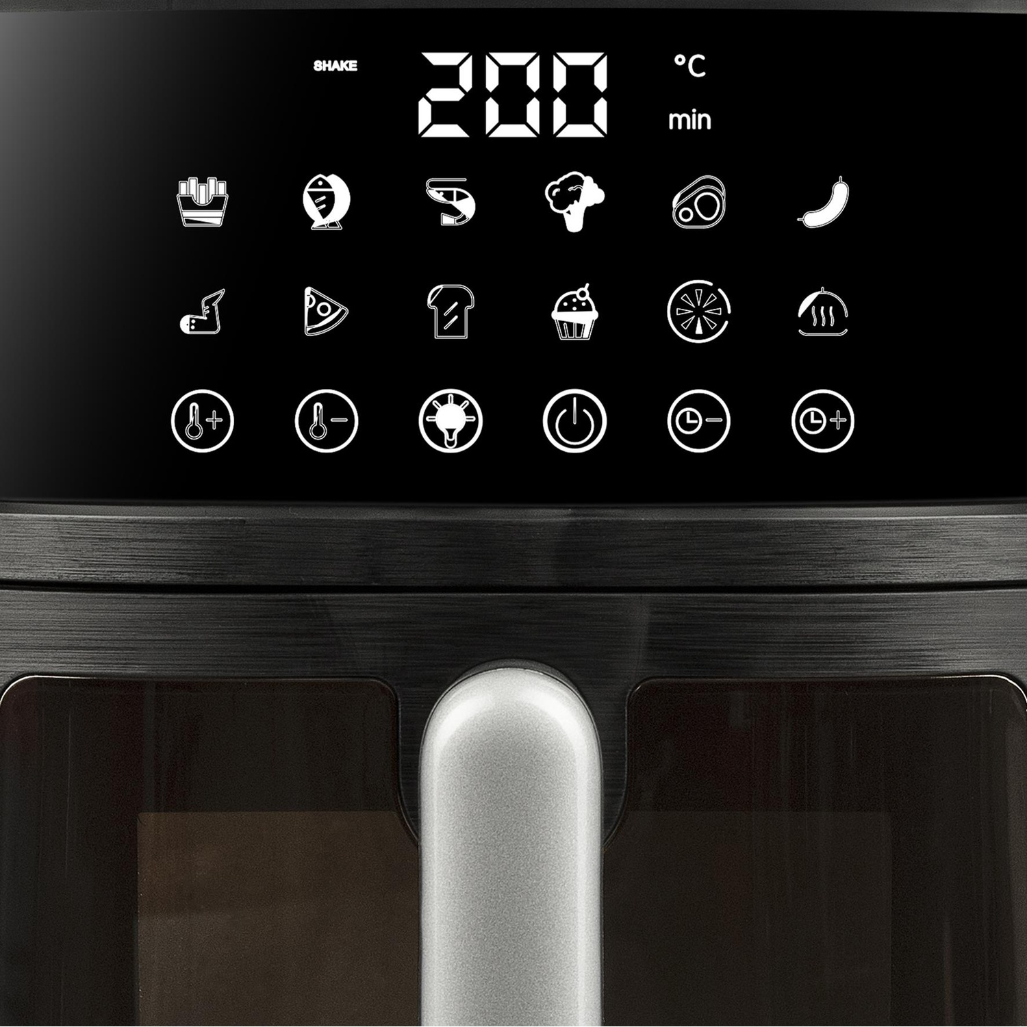 Pannello di controllo nero della friggitrice ad aria con icone, display digitale 200 e maniglia argentata. Vari simboli alimentari.