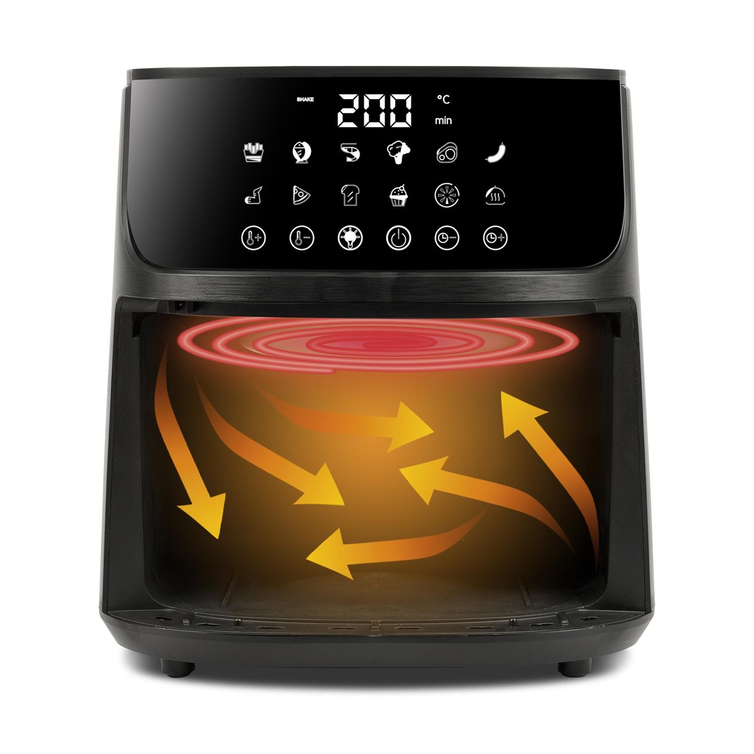 Friggitrice ad aria nera con display digitale che mostra 200 gradi Celsius. Le frecce indicano la circolazione del calore. Varie icone di cottura visibili.
