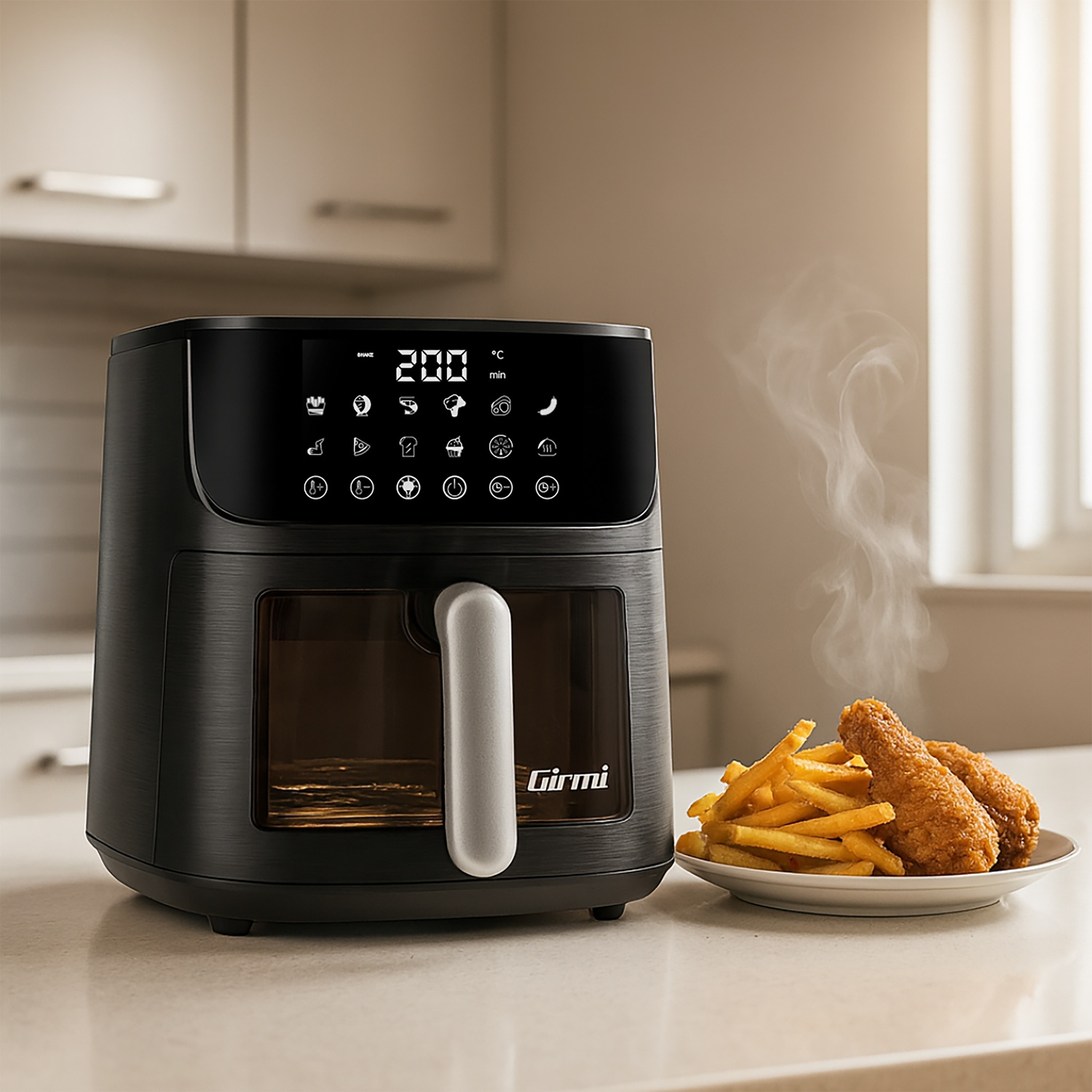 Una friggitrice ad aria nera con display digitale mostra 200 gradi. Un piatto contiene patatine fritte e pollo fritto. Il vapore sale. Sfondo cucina.