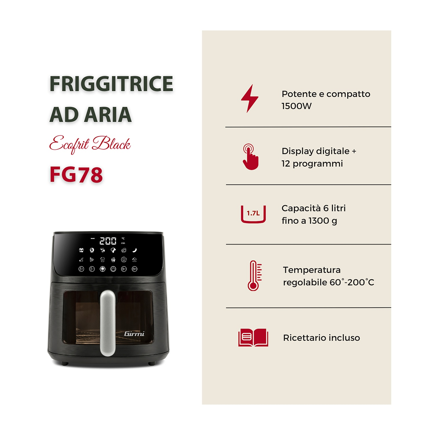 Friggitrice ad aria nera con display digitale. Testo: Friggitrice ad aria, Ecofrit Black FG78. Caratteristiche: 1500W, 12 programmi, capacità 6L, 60-200°C, ricettario.