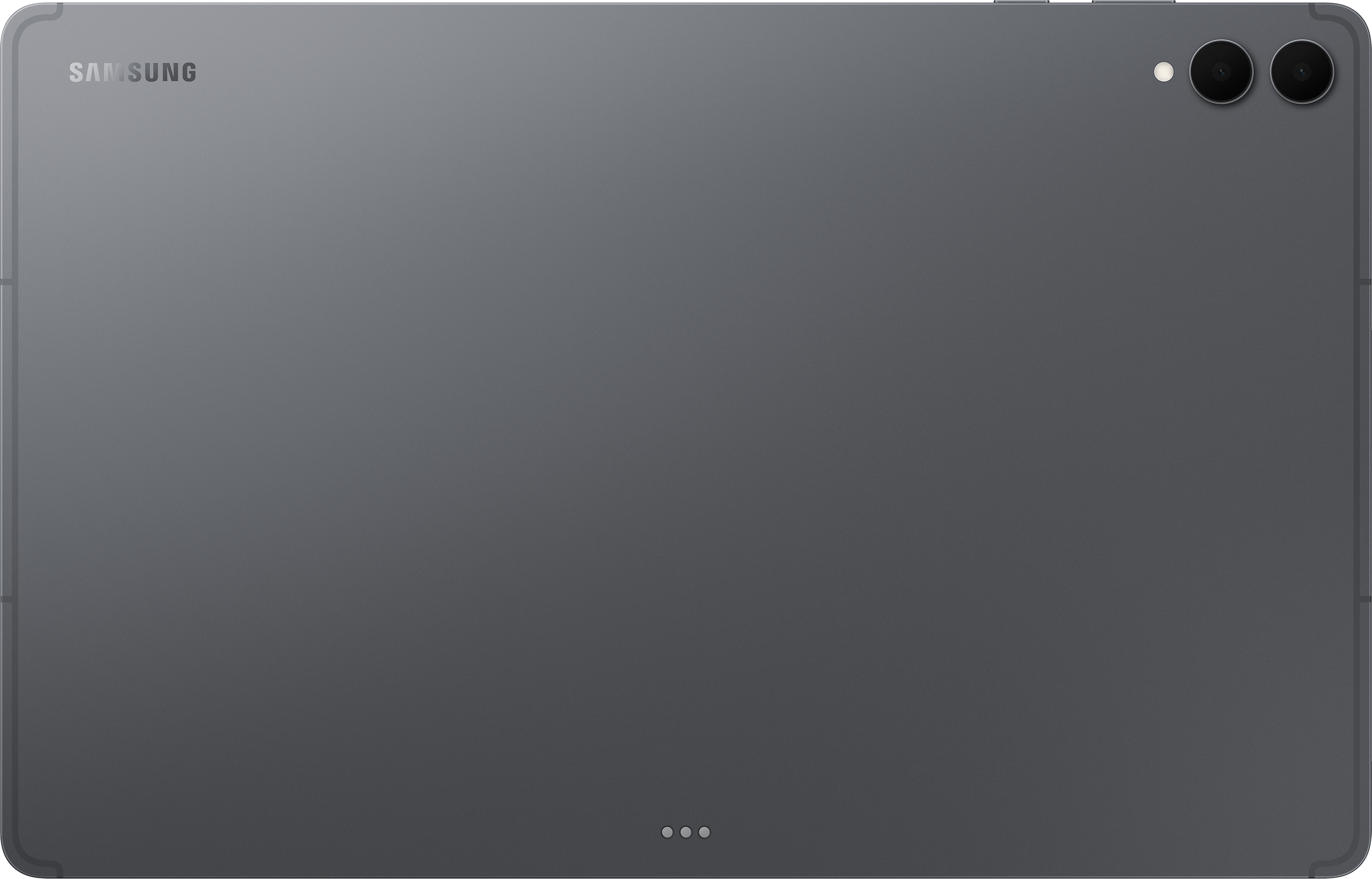 Dos d'une tablette Samsung grise. Il possède un ensemble de caméras en haut à droite et le logo Samsung.
