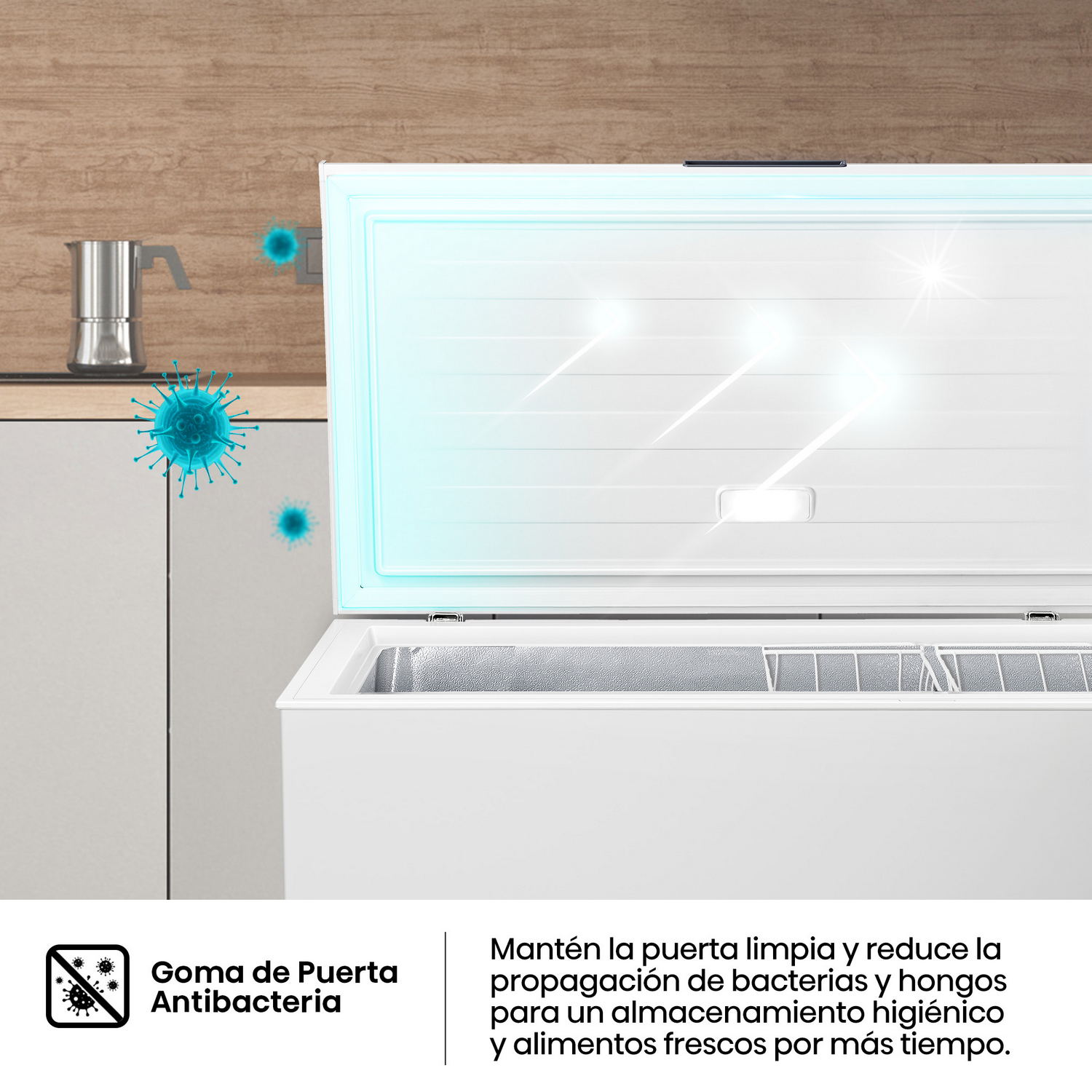 Congelador blanco con tapa abierta. Cafetera en la encimera. Iconos de bacterias alrededor del congelador.