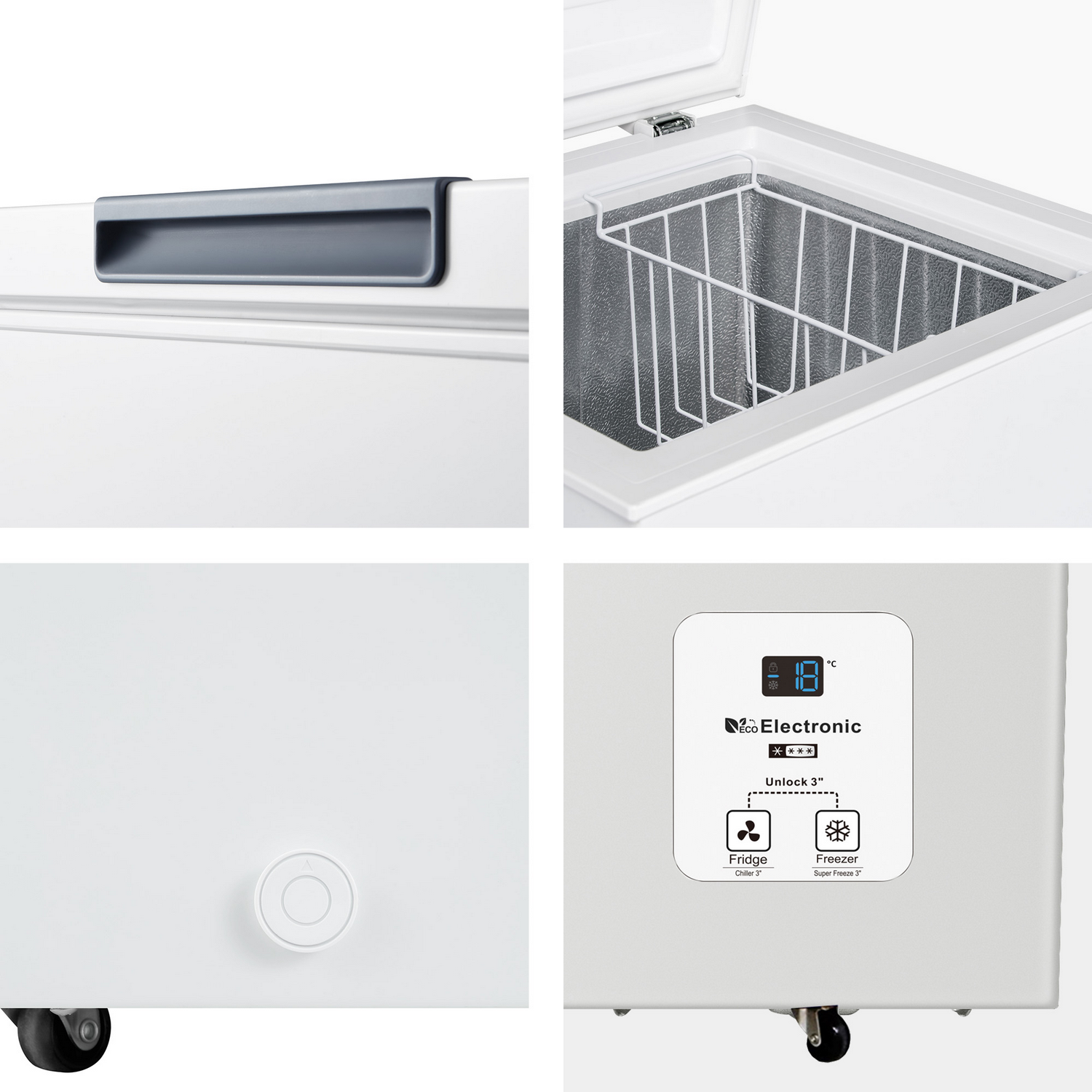 Primeros planos de un congelador blanco. Detalles incluyen el asa, el interior, el panel de control con pantalla digital y una rueda.