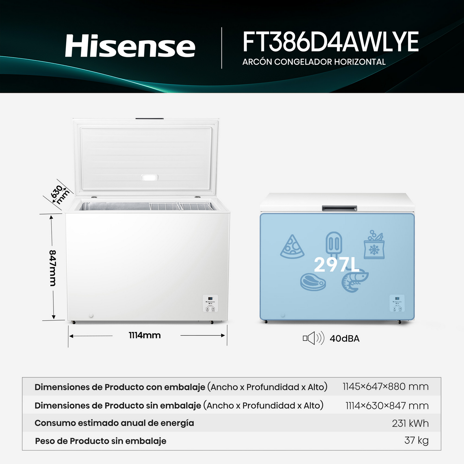 Congelador Hisense blanco con dimensiones y especificaciones. Incluye una tapa azul claro con iconos de alimentos y una capacidad de 297L.