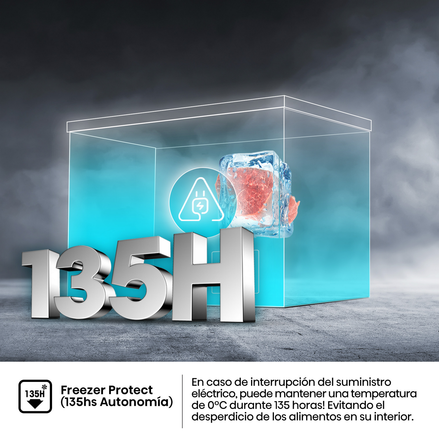 Imagen muestra un cubo 3D con carne en hielo, con el número 135H. Texto: Protección Congelador. En caso de fallo eléctrico.