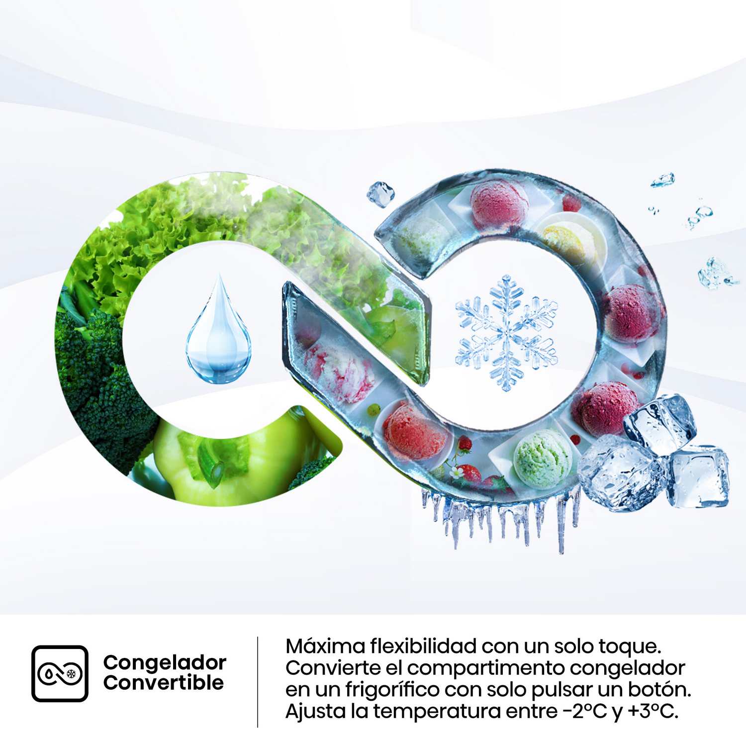 Un diseño de símbolo de infinito con helado, verduras y un copo de nieve. Contiene una gota de agua. Representa un congelador convertible.