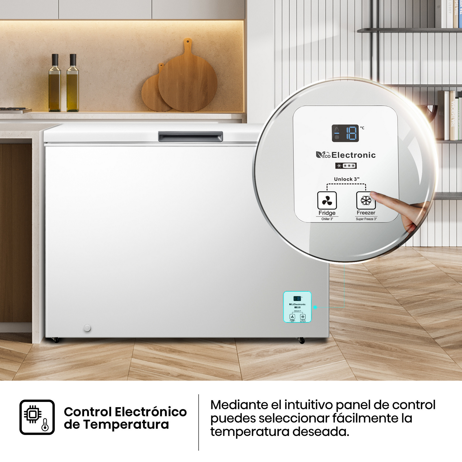 Un congelador blanco con panel de control electrónico que muestra la temperatura. Una mano toca el panel para seleccionar funciones.