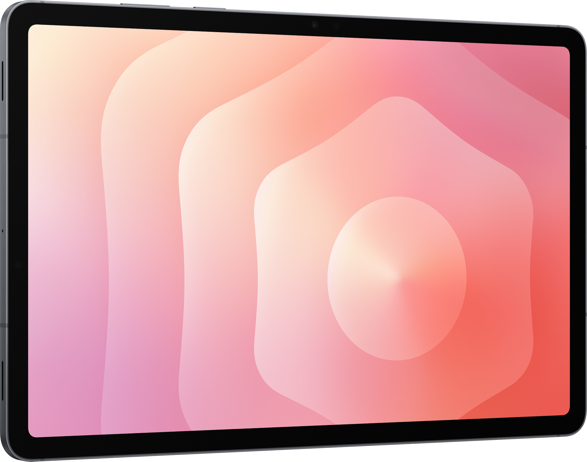 Une tablette avec un fond dégradé de tons roses et orangés. La tablette est grise avec un bord d'écran noir.