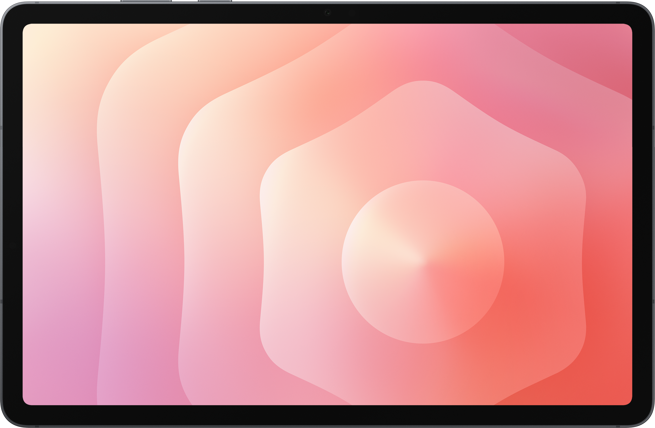 Écran de tablette avec un fond dégradé. Des formes roses, oranges et blanches forment un design en couches. La tablette a un cadre noir.