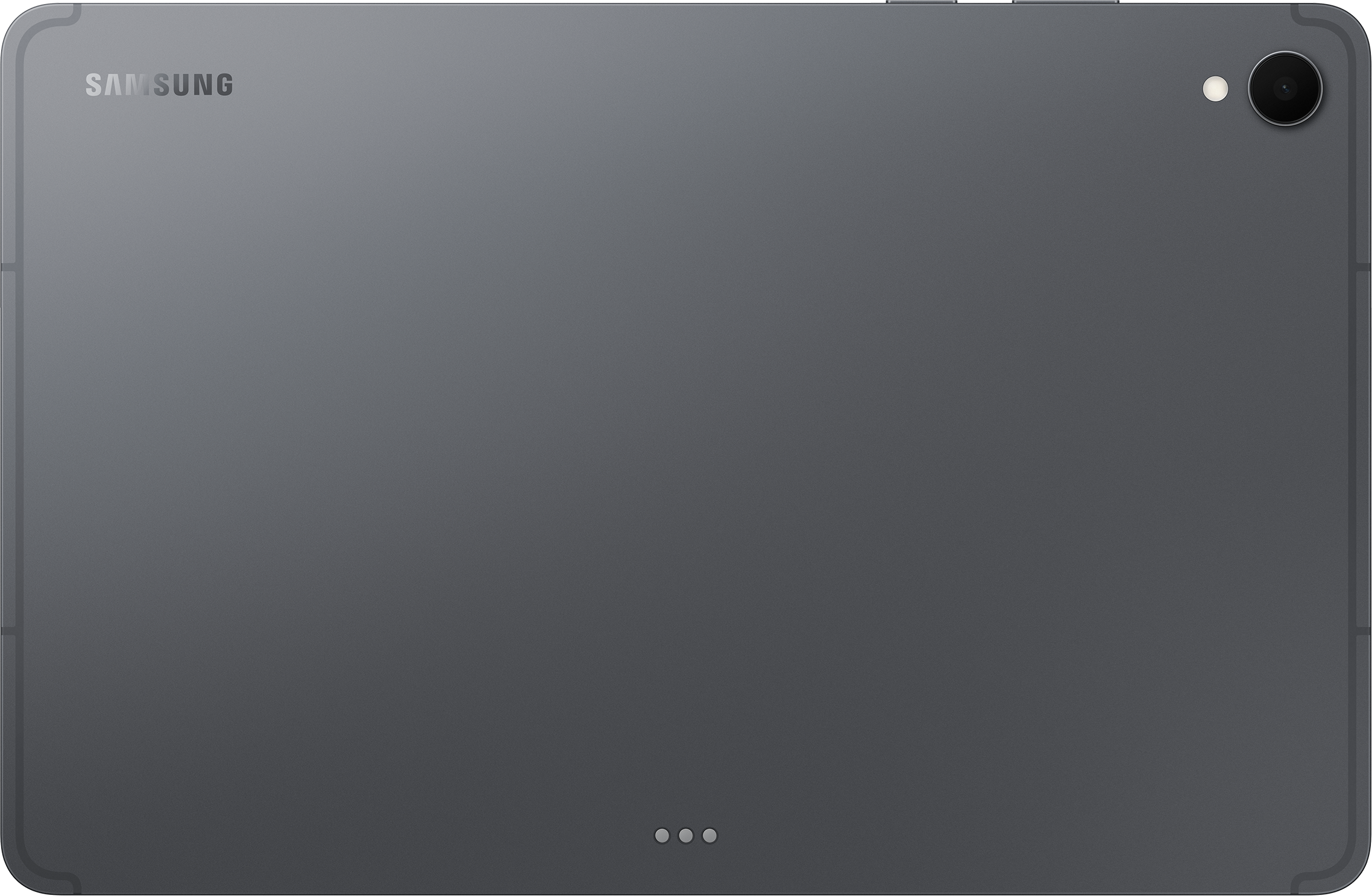 Dos de tablette Samsung gris foncé. Objectif de la caméra en haut à droite. Trois petits points en bas. Logo Samsung en haut à gauche.