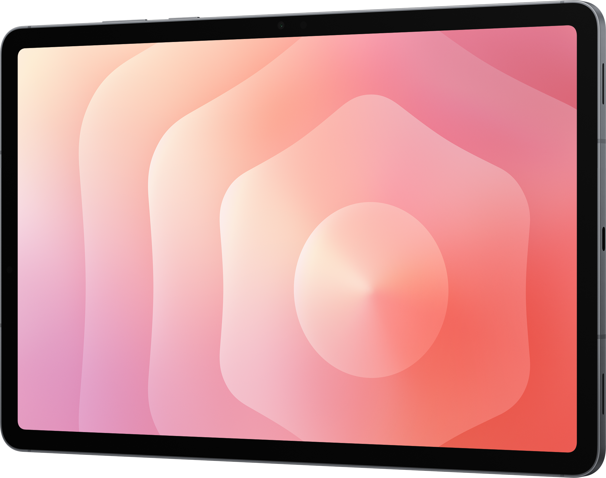 Une tablette avec un cadre noir. L'écran affiche un dégradé de formes abstraites roses, oranges et blanches.