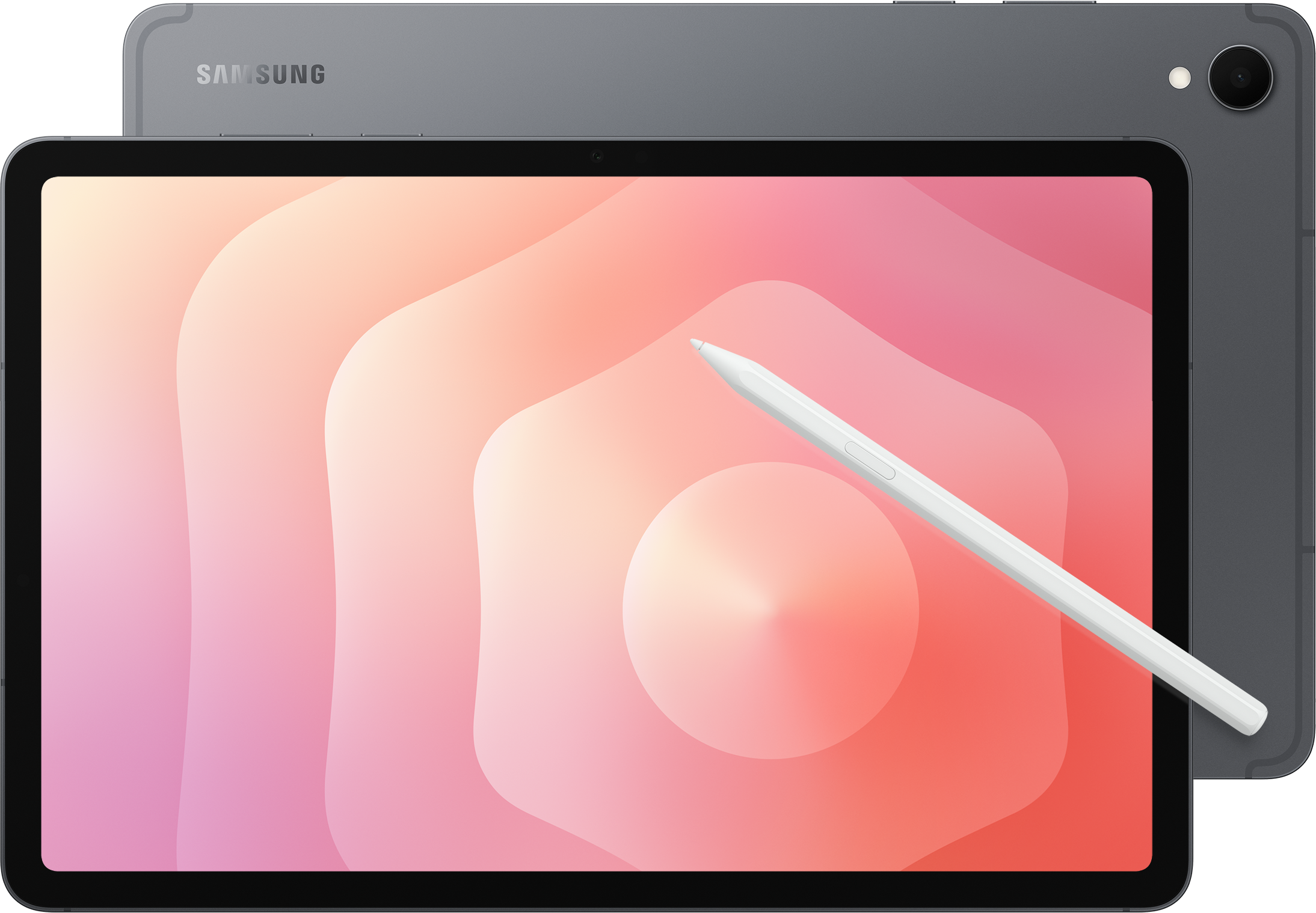 Une tablette Samsung avec un stylet. L'écran affiche un dégradé rose et orange. La tablette est gris foncé.