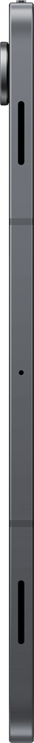 Un objet vertical en métal gris foncé avec des coins arrondis. Il comporte des découpes oblongues noires et un élément circulaire en haut.
