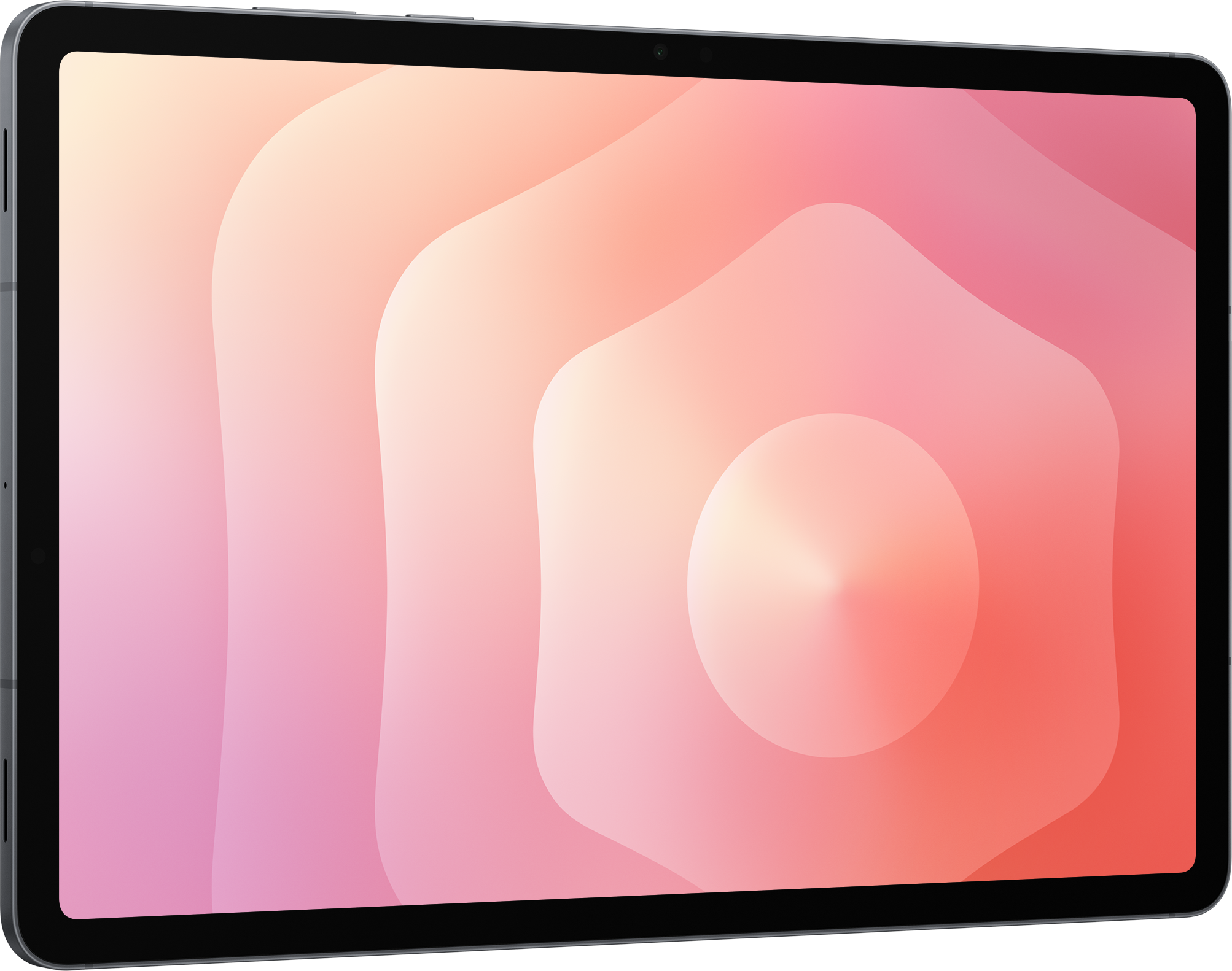 Tablet con sfondo sfumato rosa, corallo e bianco. La cornice del tablet è grigia.