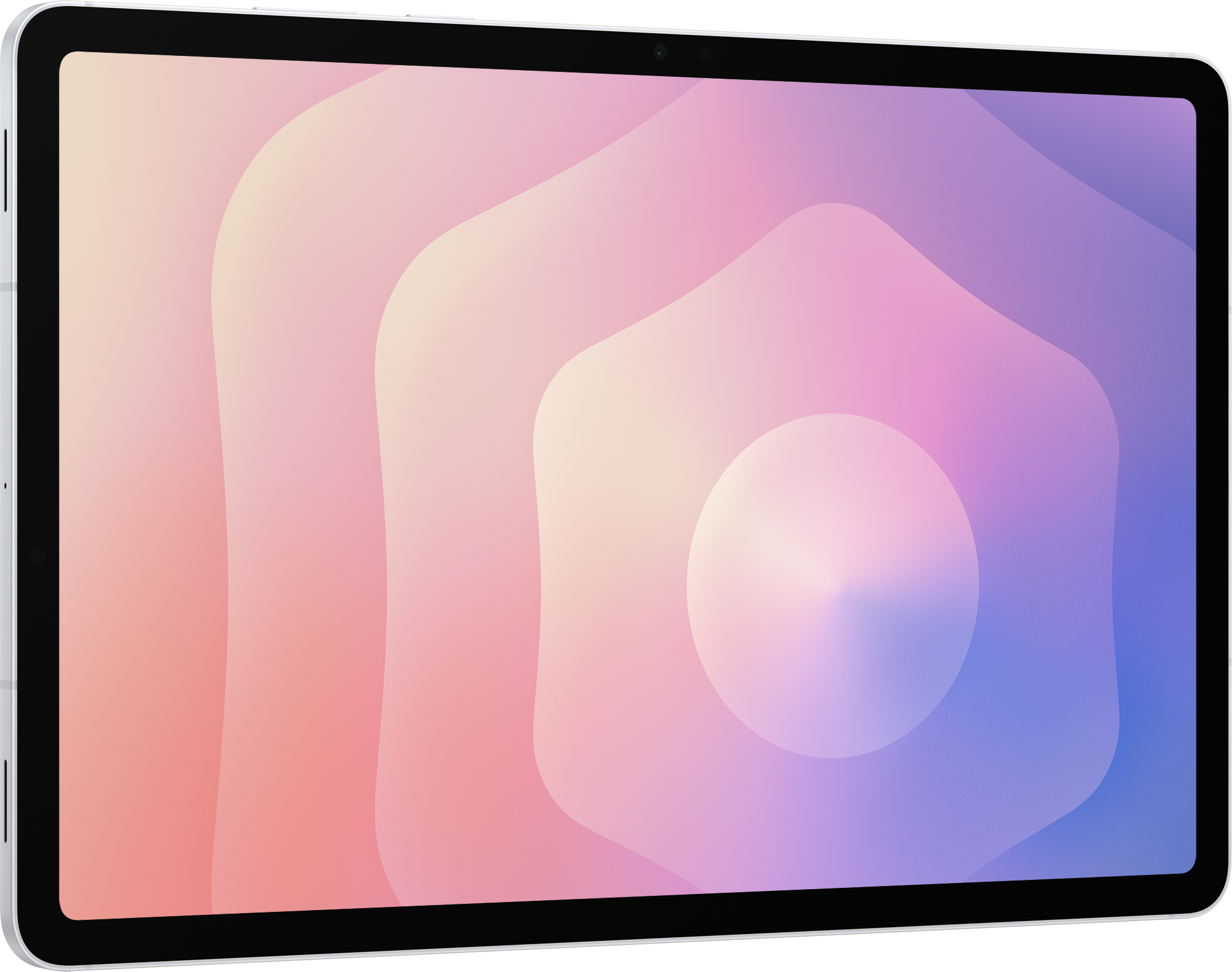 Une tablette argentée avec un bord noir. L'écran affiche un dégradé de couleurs rose, violet et blanc.