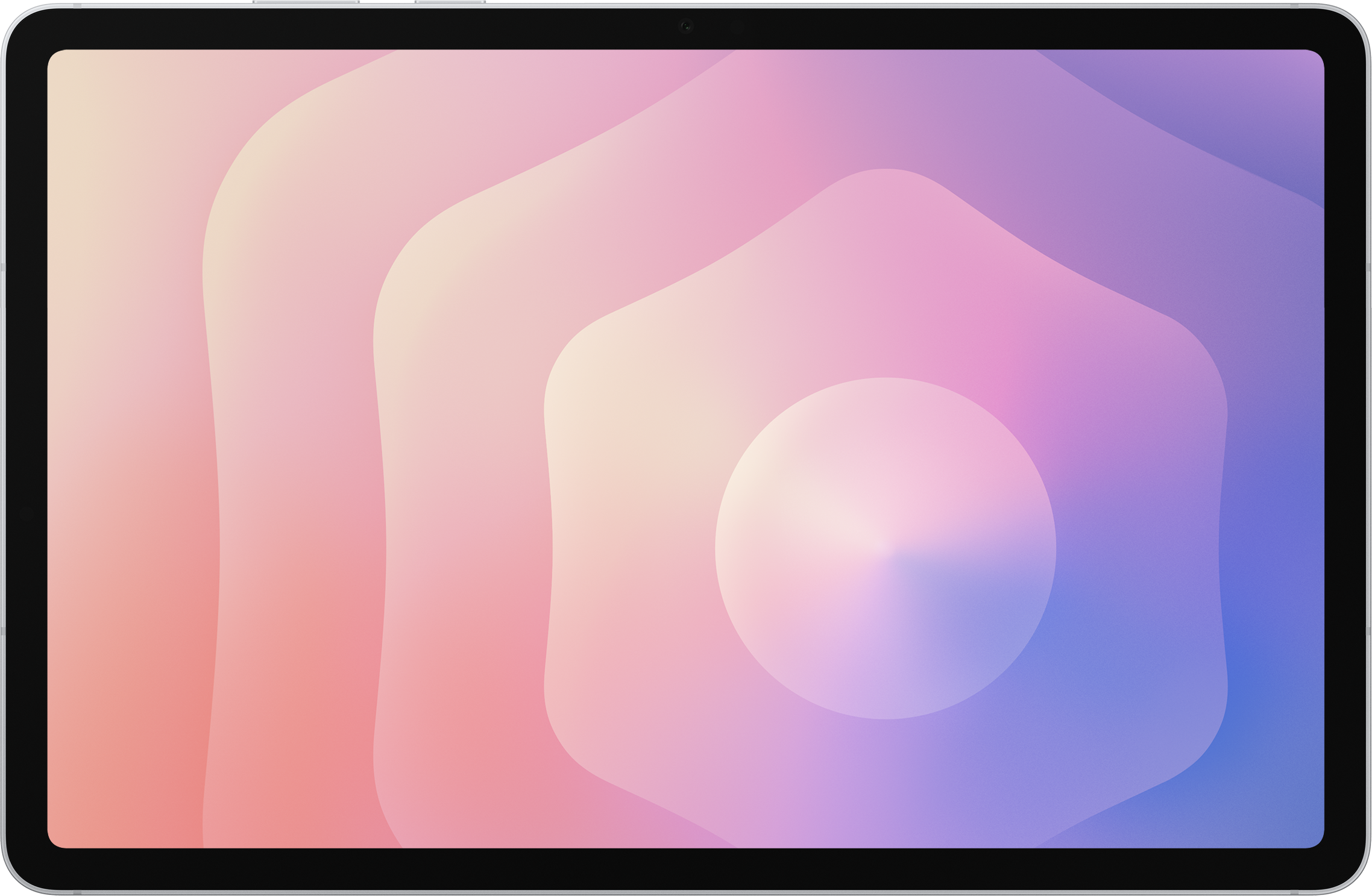 Une tablette affiche un fond dégradé de teintes roses, violettes et bleues. L'écran est entouré d'une bordure noire.