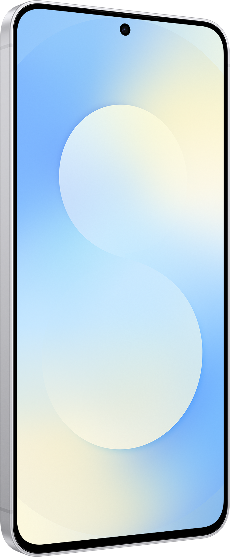 Ein Smartphone mit Farbverlaufsbildschirm, das eine weiße Form anzeigt. Das Telefon hat eine kleine Frontkamera und einen silbernen Rahmen.