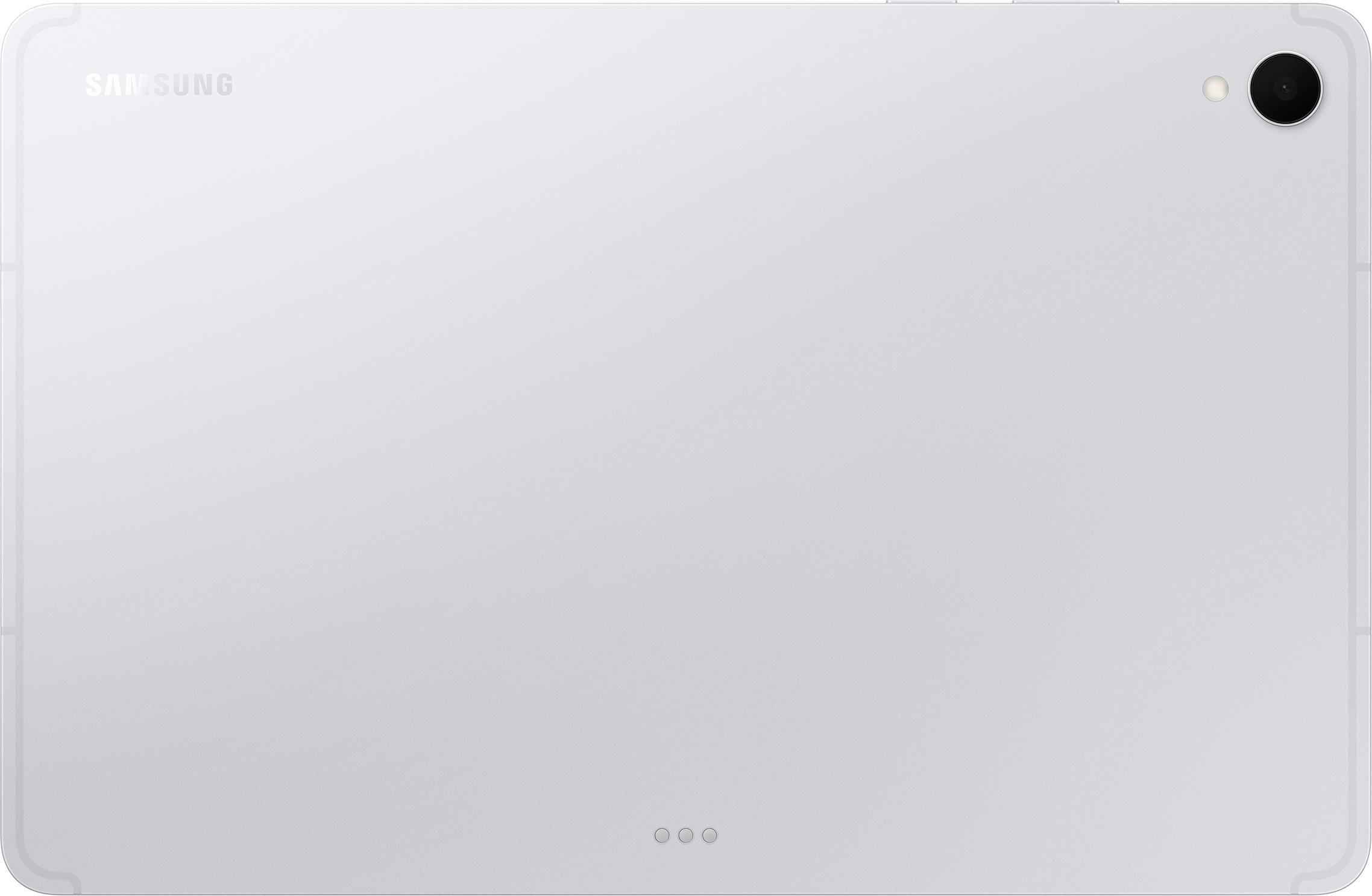 Dos d'une tablette Samsung blanche. Avec caméra, marque et trois petits points en bas.
