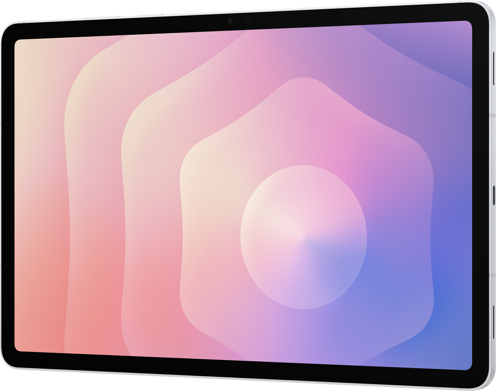 Une tablette avec un design abstrait coloré sur l'écran. Les couleurs incluent rose, violet et blanc.