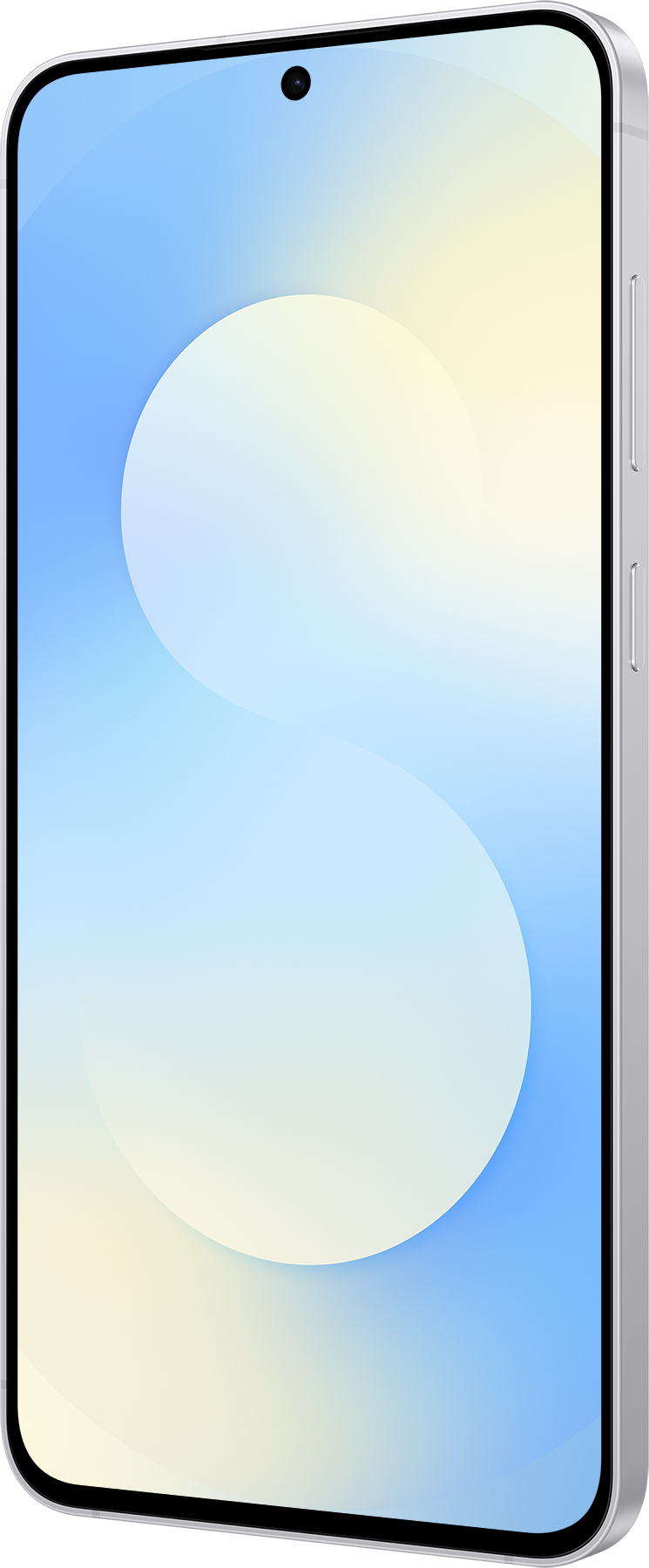 Ein silbernes Smartphone mit gebogenem Display. Der Bildschirm zeigt einen Farbverlauf aus Blau und Gelb mit einem weißen Kreis.