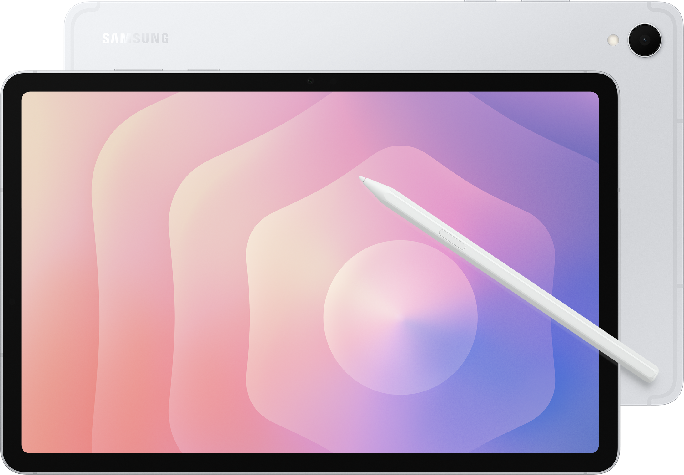 Une tablette blanche avec un stylet blanc. L'écran affiche un design abstrait et coloré. Une autre tablette est visible derrière.
