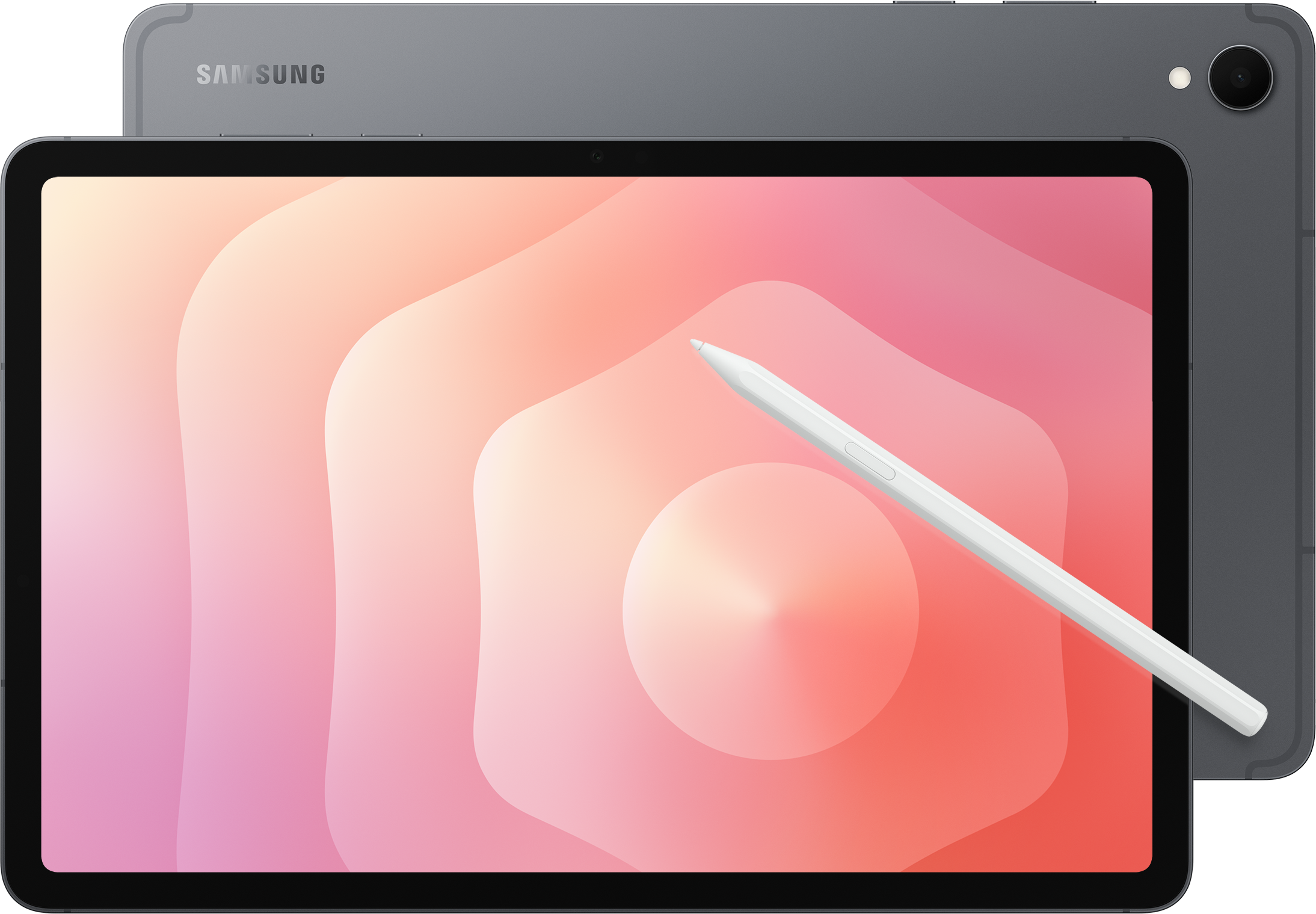 Un tablet Samsung grigio con una penna bianca. Lo schermo mostra una sfumatura rosa e arancione. Il retro mostra il logo Samsung.