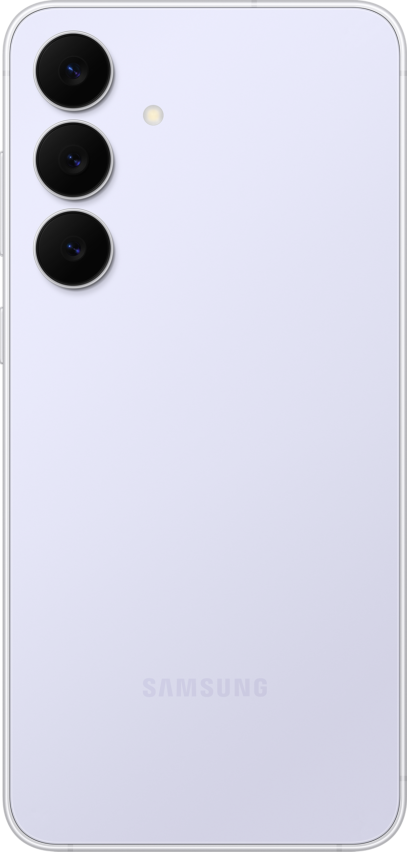 Rückseite eines lavendelfarbenen Samsung-Telefons. Drei Kameralinsen und ein Blitz sind sichtbar. Der Markenname steht unten.