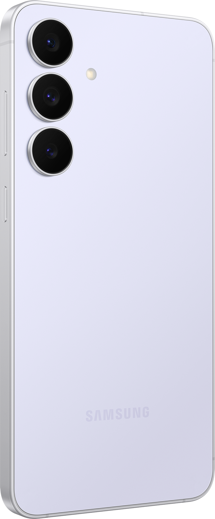 Rückseite eines hellvioletten Samsung-Telefons. Drei Kameraobjektive und ein Blitz sind vorhanden. Das Samsung-Logo ist sichtbar.